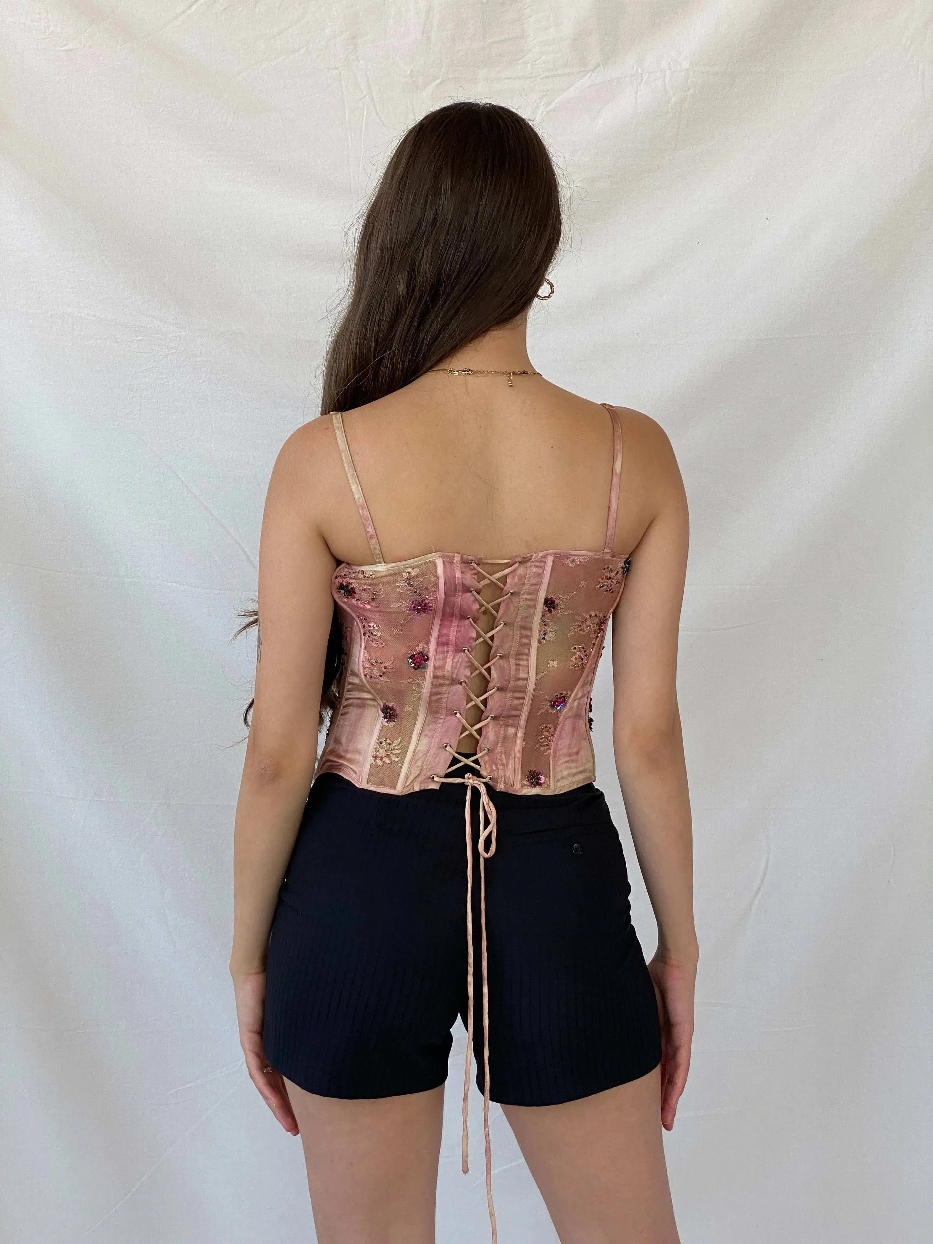 90s Jorando Pink Beaded Lace Zip Front Bustier Corset - S - Balagan Vintage Corset 00s, consignment, corset, Mira, Sadouf, shimmer, sleeveless top, women top