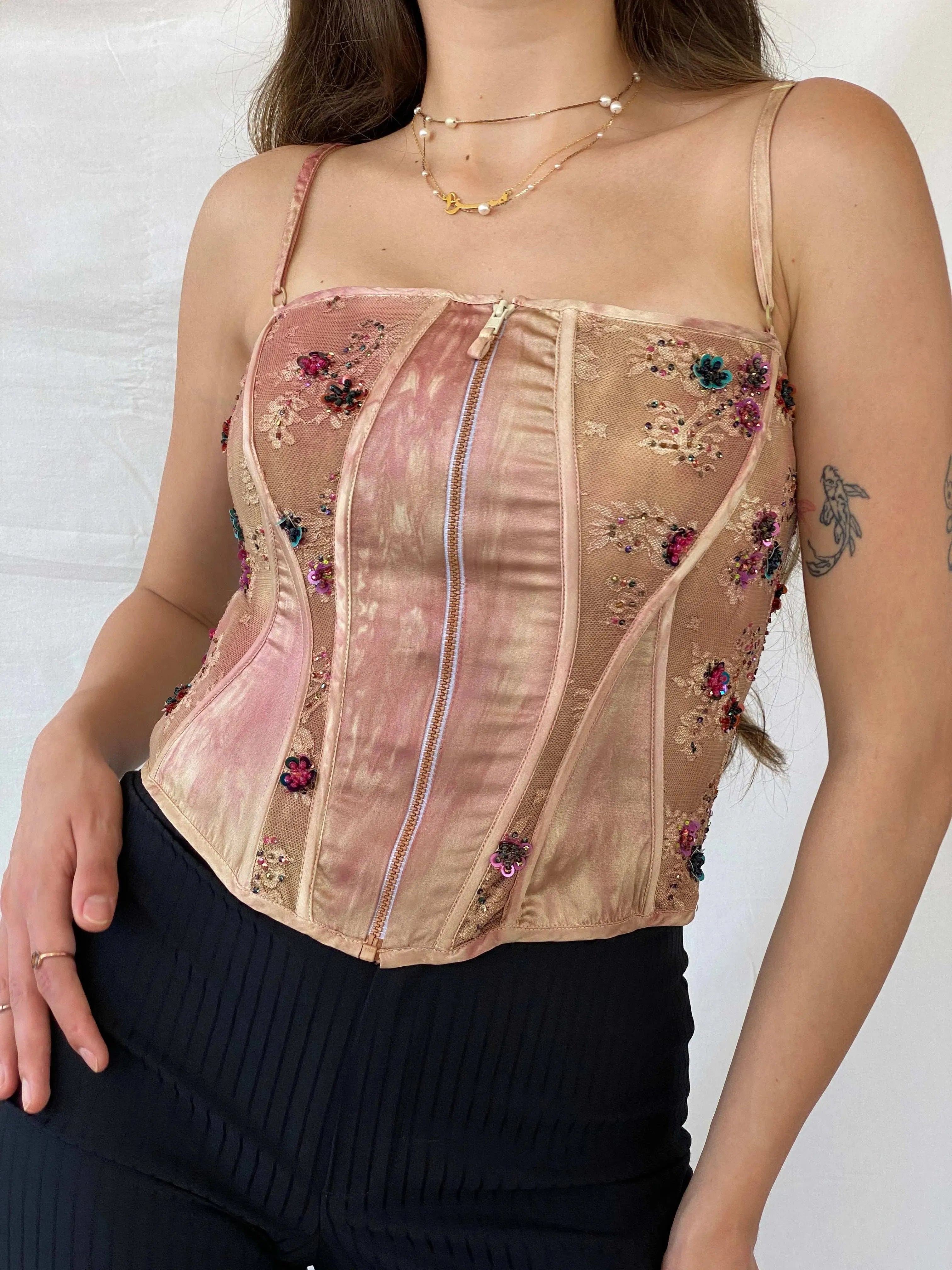 90s Jorando Pink Beaded Lace Zip Front Bustier Corset - S - Balagan Vintage Corset 00s, consignment, corset, Mira, Sadouf, shimmer, sleeveless top, women top