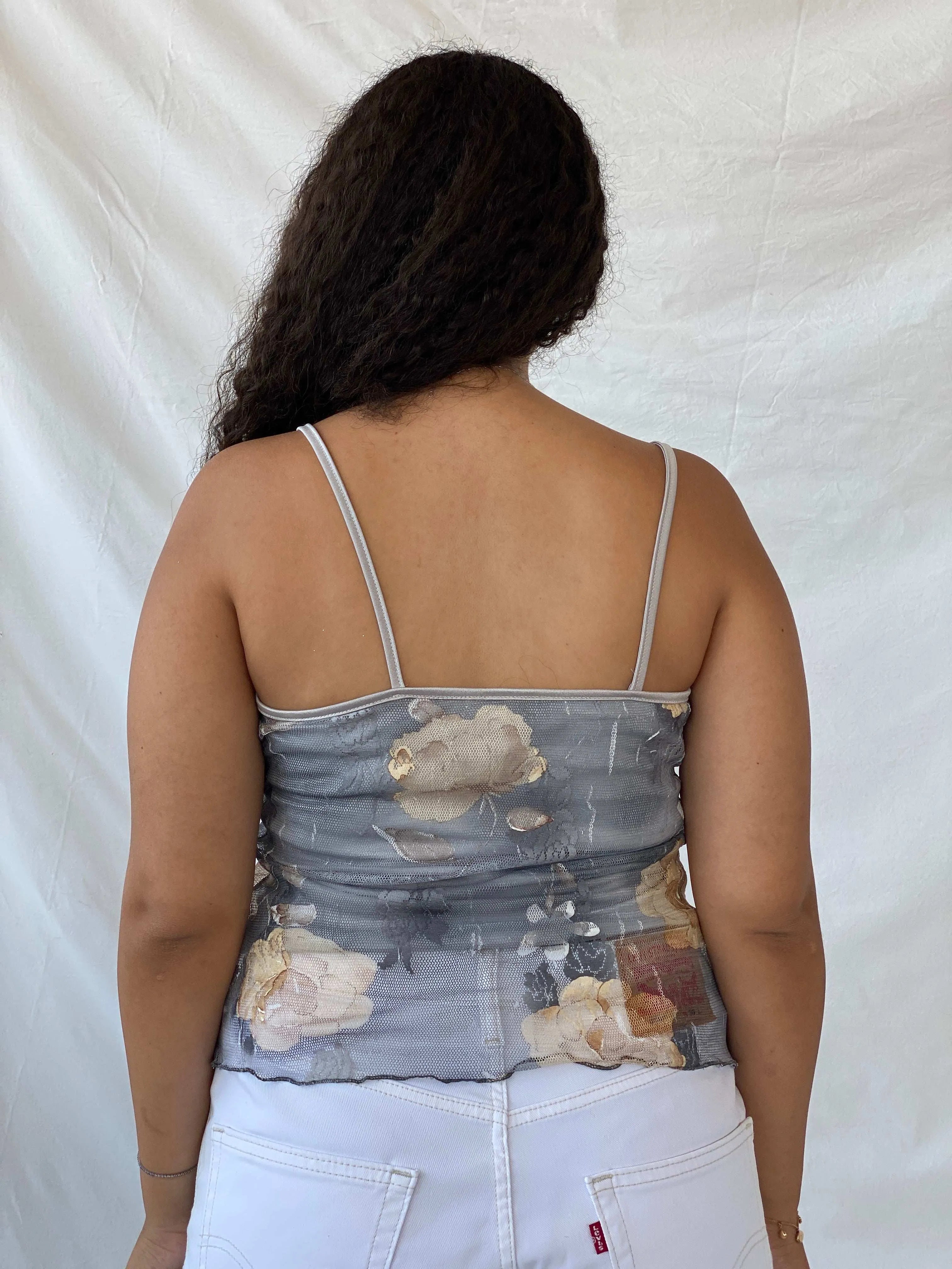 90s Josephine Gray Floral Layered Lace Cami - L - Balagan Vintage Cami 90s, Cami, Dina, floral, floral mesh, sleeveless top