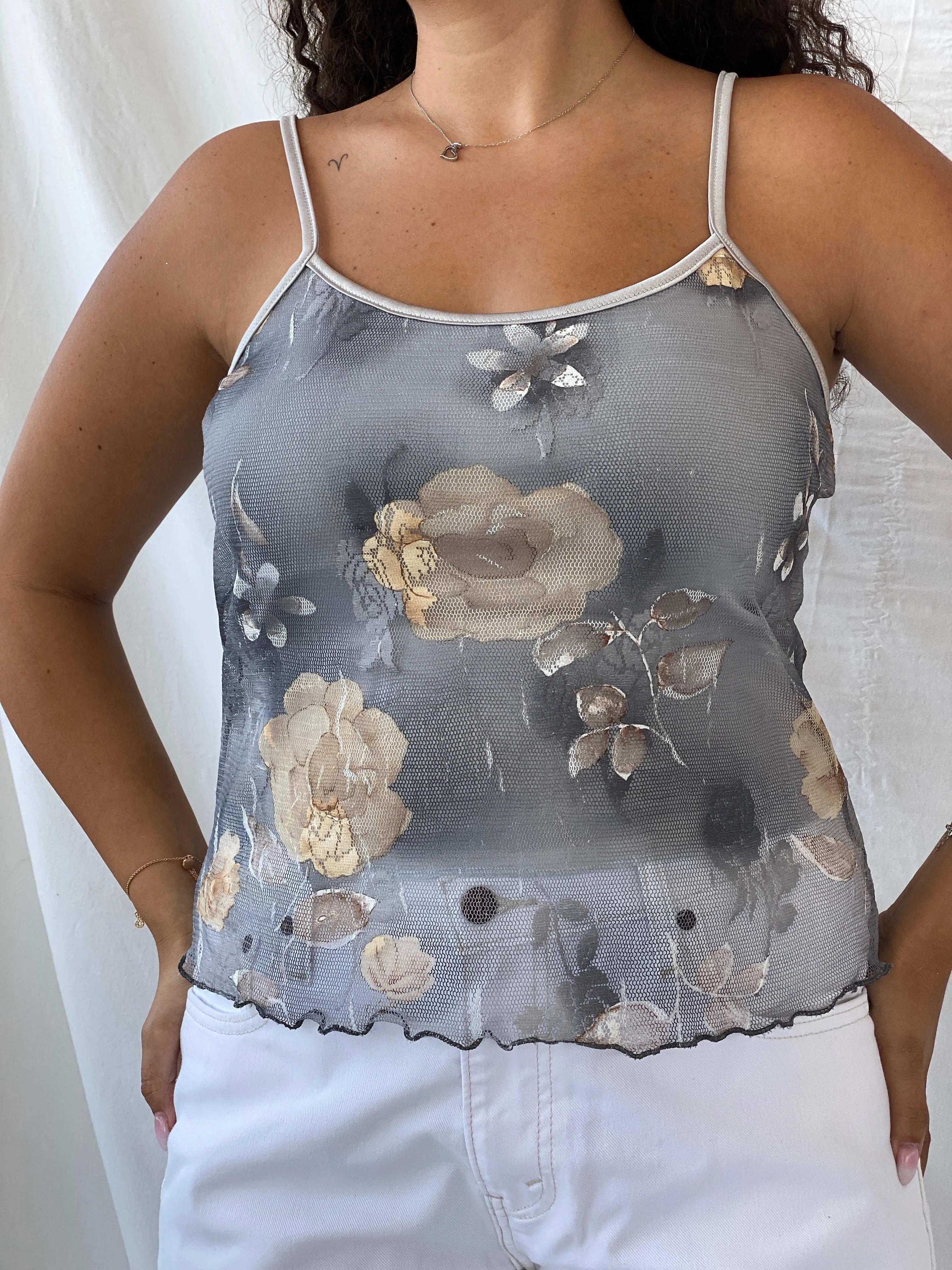 90s Josephine Gray Floral Layered Lace Cami - L - Balagan Vintage Cami 90s, Cami, Dina, floral, floral mesh, sleeveless top