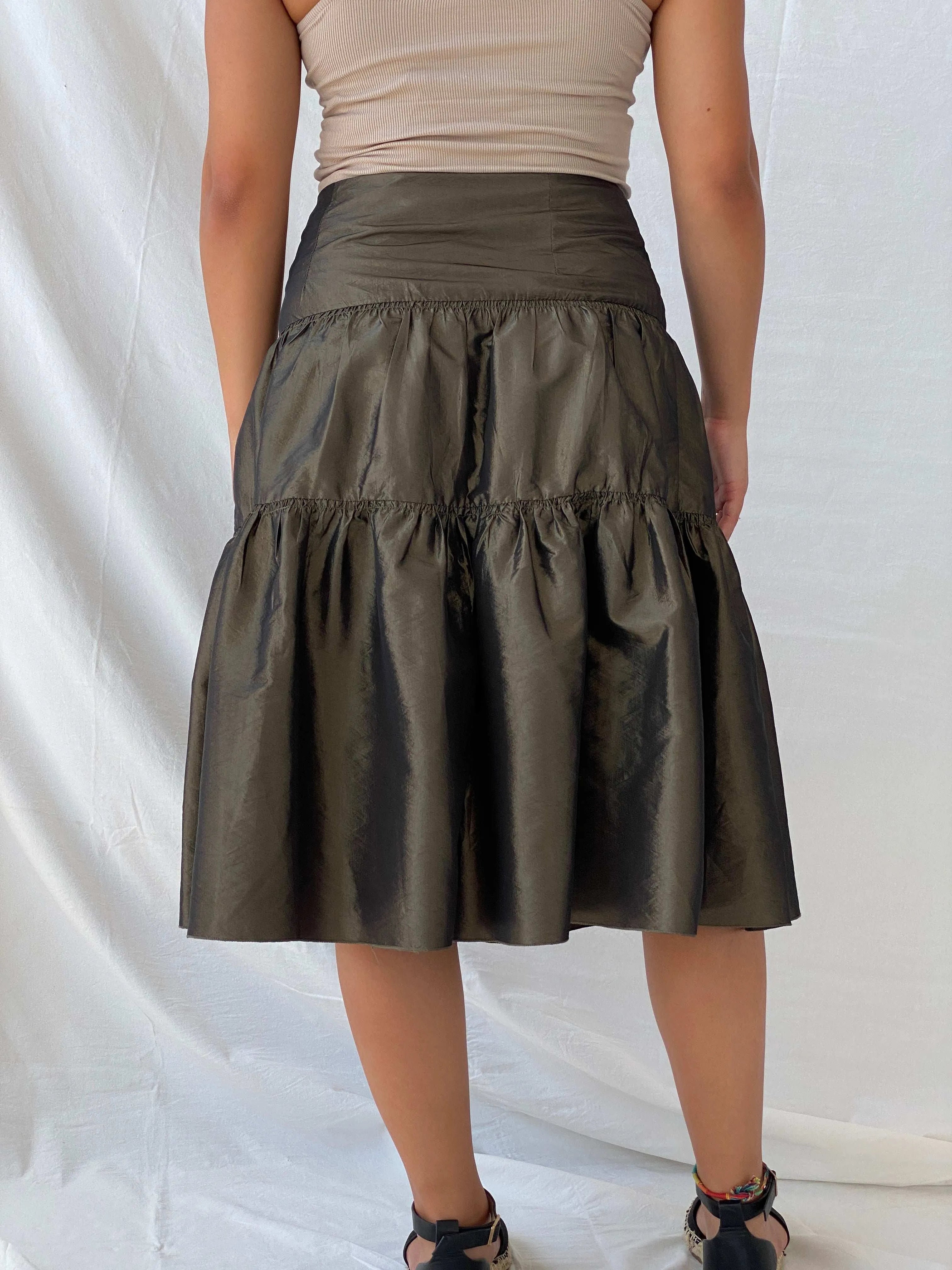 90s Morgan De Toi Metallic Olive Green Tiered Midi Skirt - M - Balagan Vintage Midi Skirt 00s, Lana, maxi skirt, metallic shirt, summer