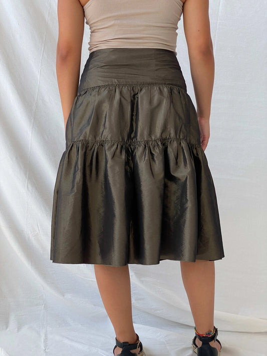 90s Morgan De Toi Metallic Olive Green Tiered Midi Skirt - M - Balagan Vintage Midi Skirt 00s, Lana, maxi skirt, metallic shirt, summer