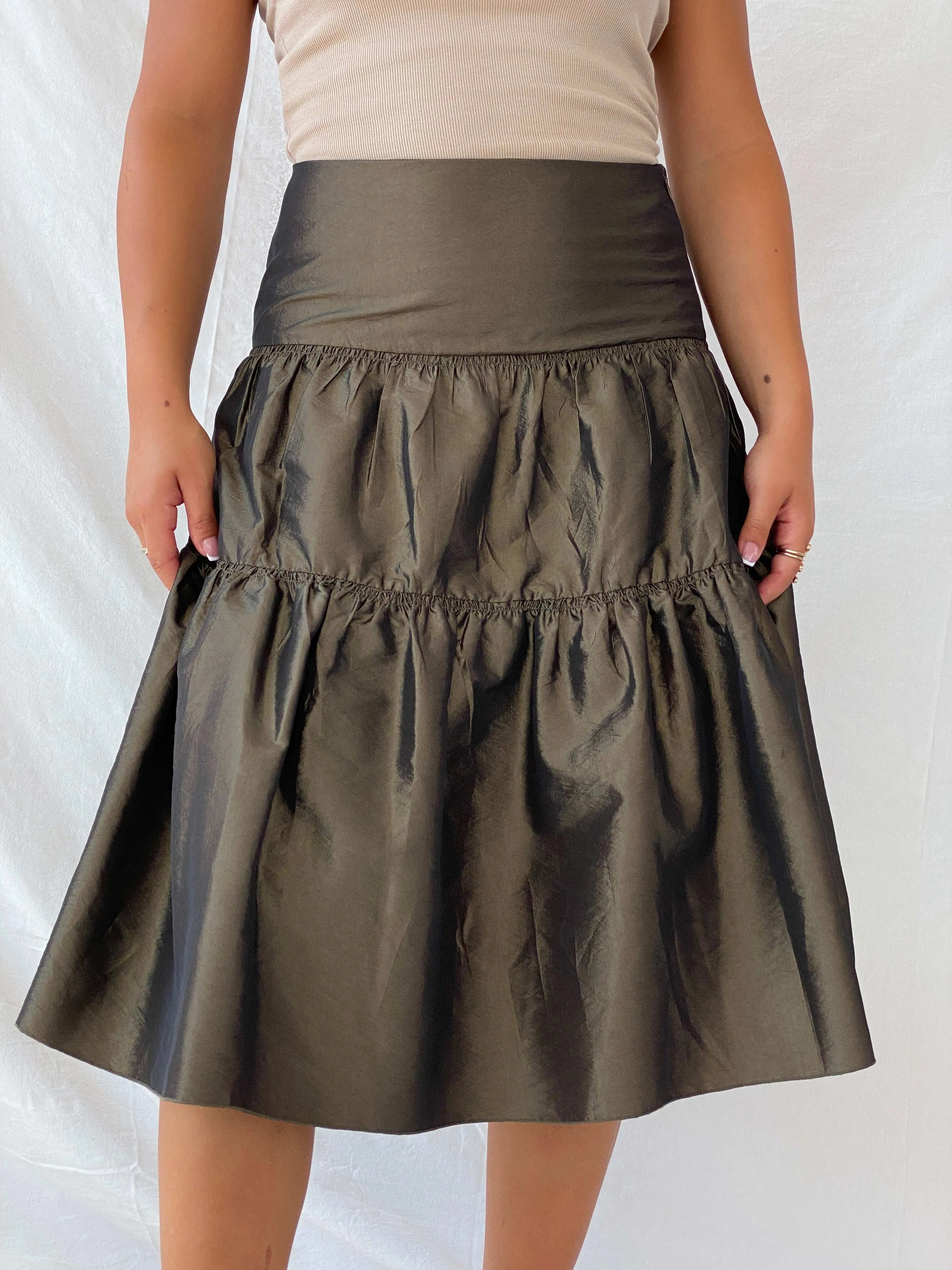 90s Morgan De Toi Metallic Olive Green Tiered Midi Skirt - M - Balagan Vintage Midi Skirt 00s, Lana, maxi skirt, metallic shirt, summer