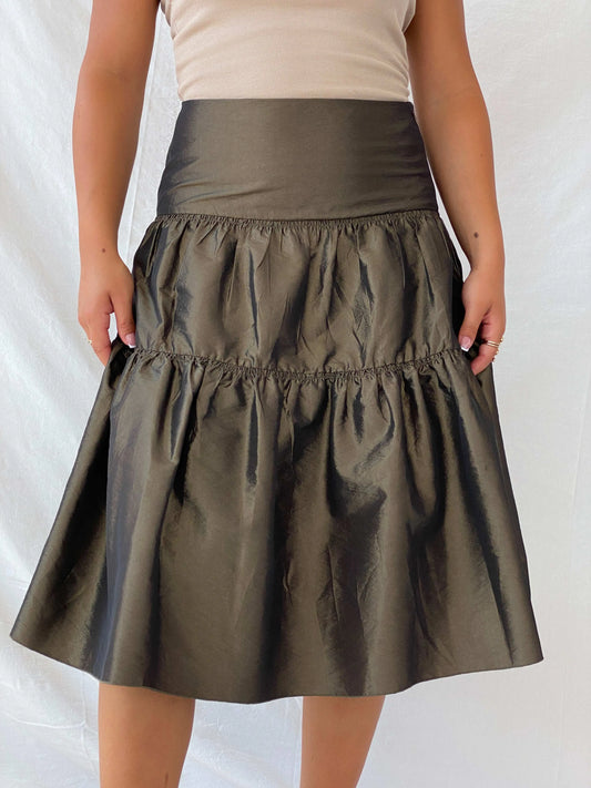 90s Morgan De Toi Metallic Olive Green Tiered Midi Skirt - M - Balagan Vintage Midi Skirt 00s, Lana, maxi skirt, metallic shirt, summer