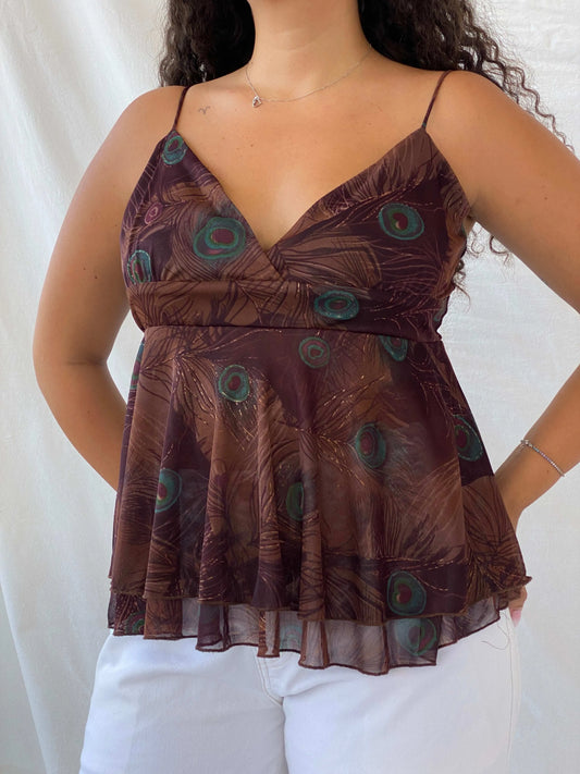 90s My Michelle Boho Peacock Print Brown Sheer Layered Cami - L - Balagan Vintage Cami 90s, animal print, Cami, Dina, sleeveless top