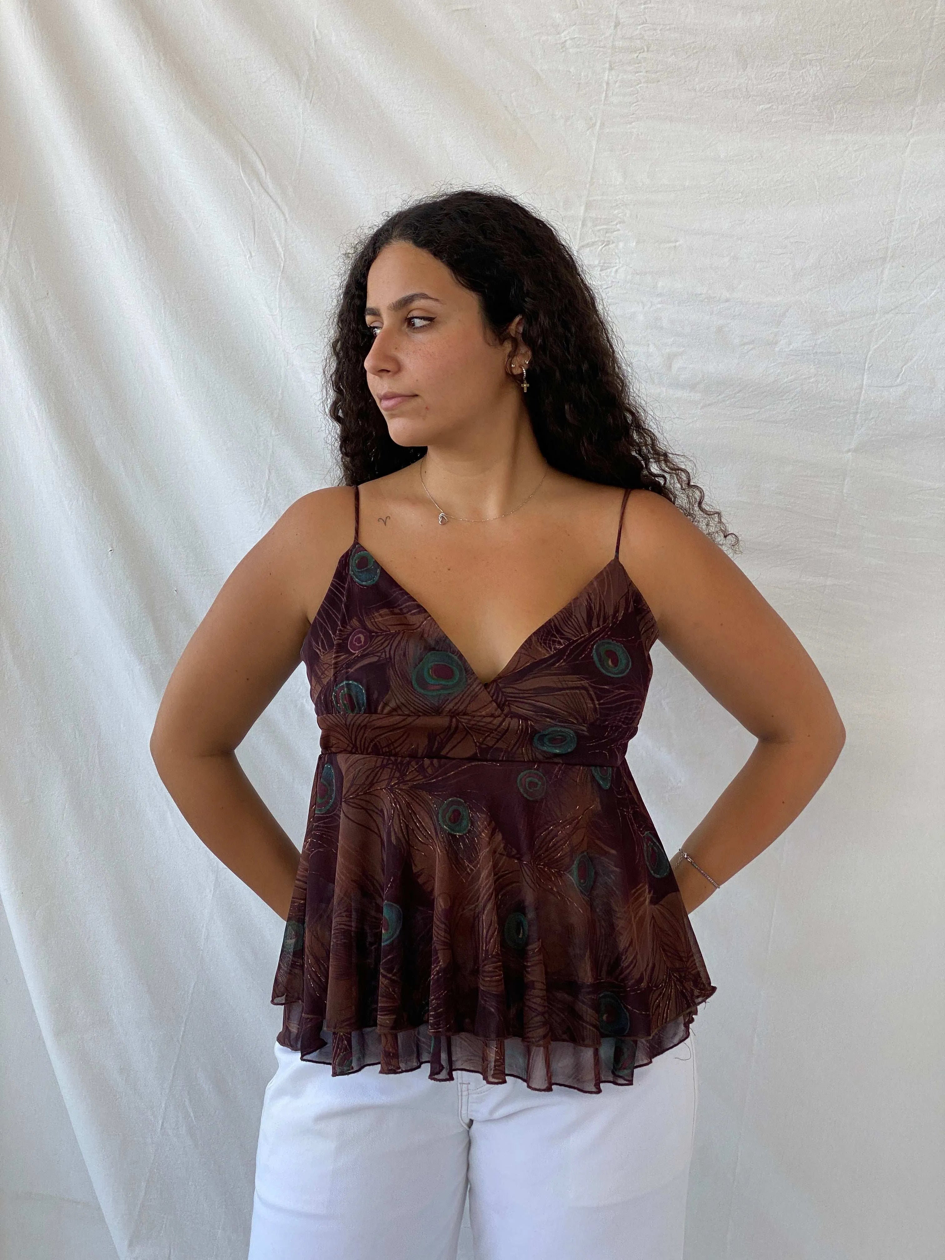 90s My Michelle Boho Peacock Print Brown Sheer Layered Cami - L - Balagan Vintage Cami 90s, animal print, Cami, Dina, sleeveless top