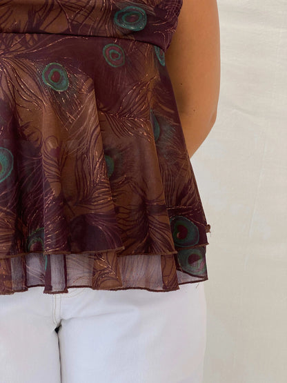 90s My Michelle Boho Peacock Print Brown Sheer Layered Cami - L - Balagan Vintage Cami 90s, animal print, Cami, Dina, sleeveless top
