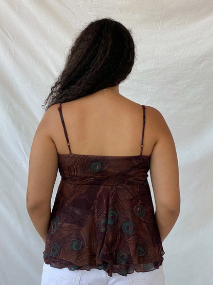 90s My Michelle Boho Peacock Print Brown Sheer Layered Cami - L - Balagan Vintage Cami 90s, animal print, Cami, Dina, sleeveless top