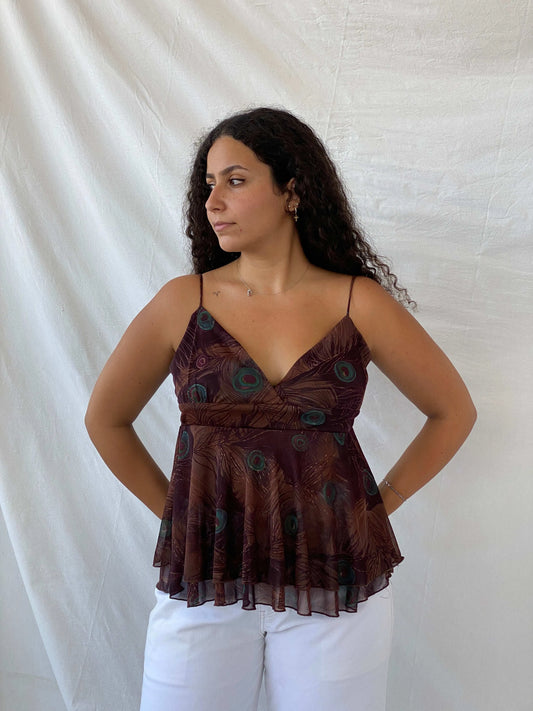 90s My Michelle Boho Peacock Print Brown Sheer Layered Cami - L - Balagan Vintage Cami 90s, animal print, Cami, Dina, sleeveless top