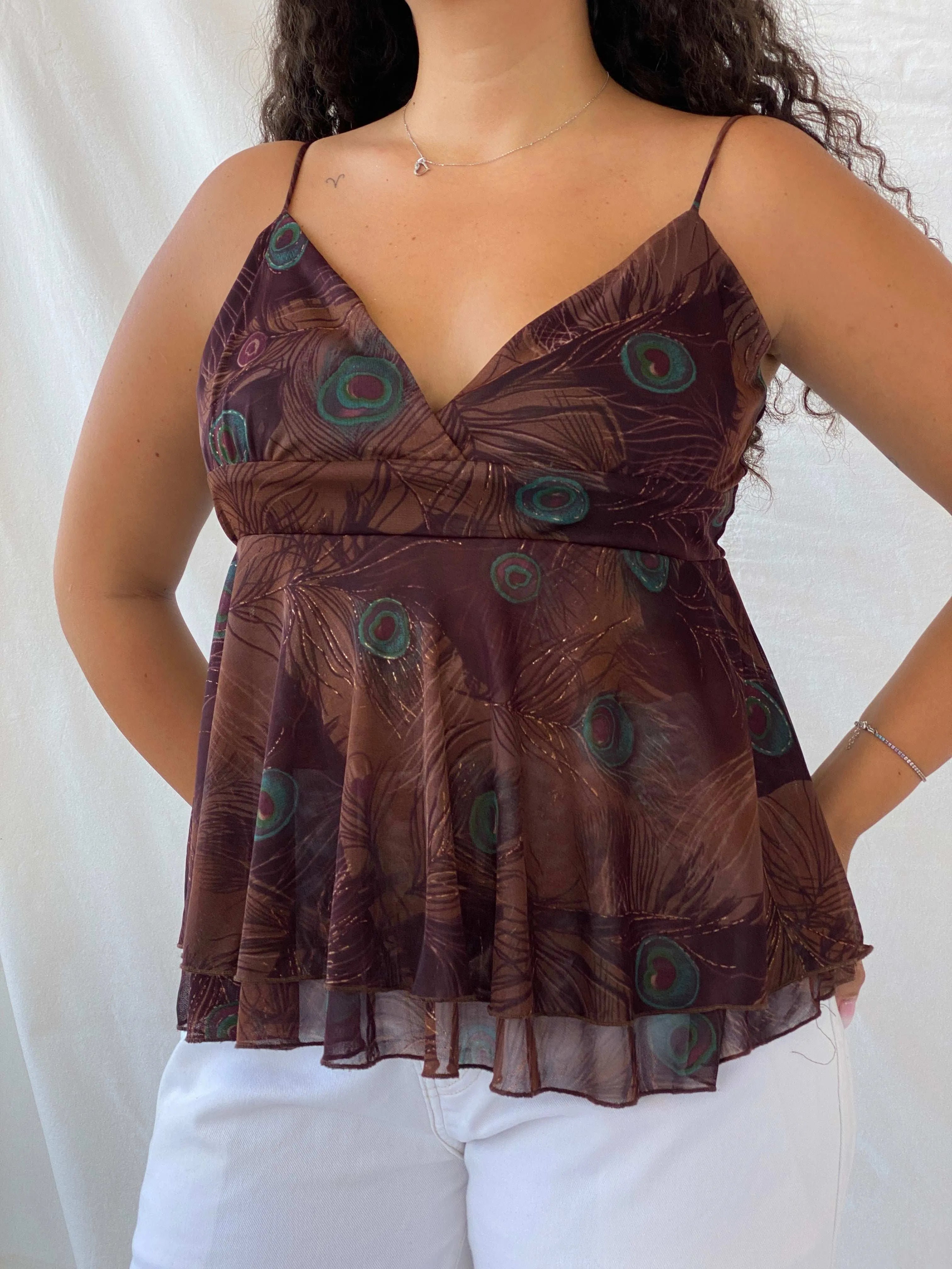 90s My Michelle Boho Peacock Print Brown Sheer Layered Cami - L - Balagan Vintage Cami 90s, animal print, Cami, Dina, sleeveless top
