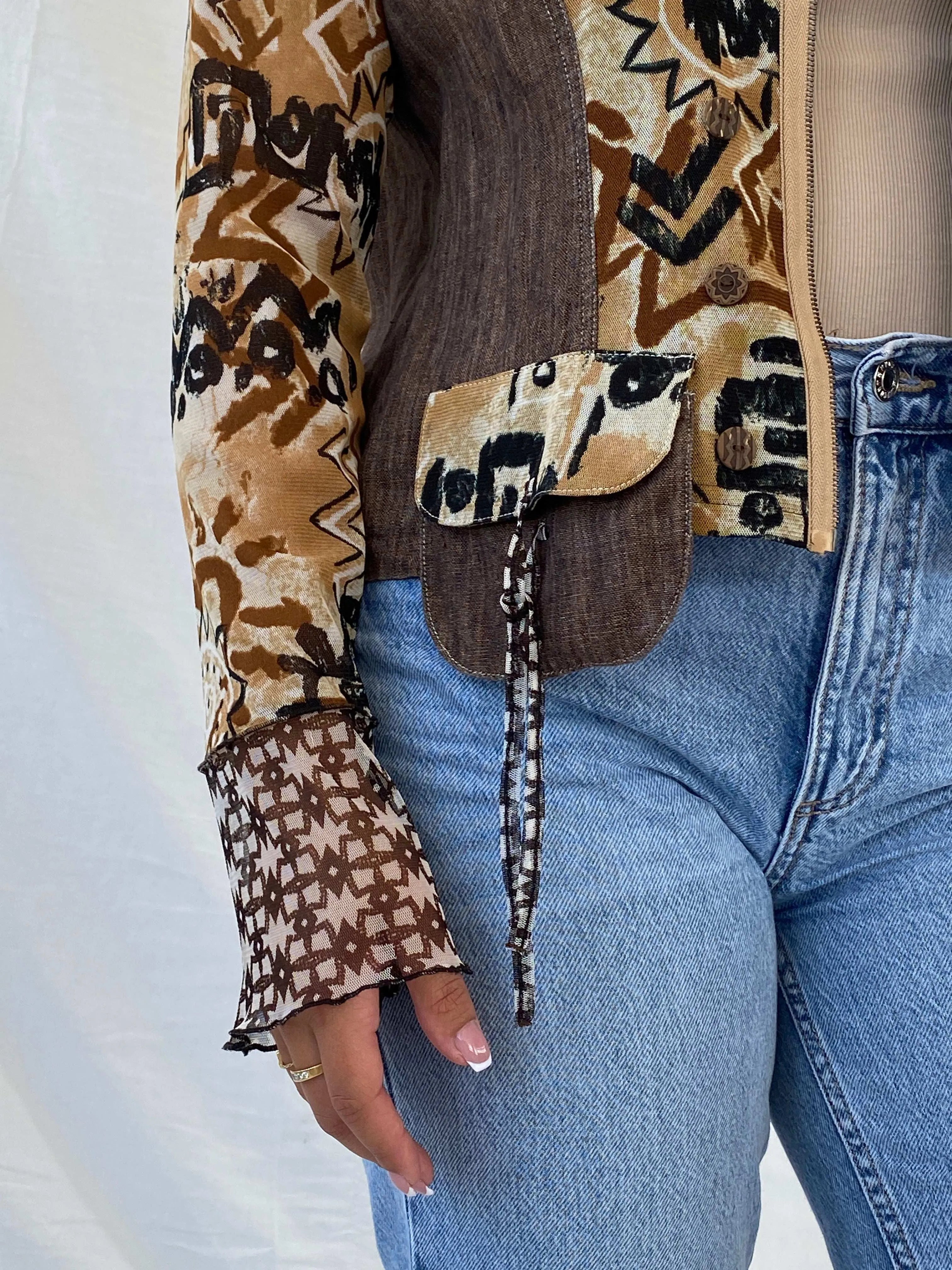 90s Pause Café Brown Boho Print Semi Mesh Zip Up Cardigan - XL - Balagan Vintage Cardigan 90s, Boho, cardigan, Deals, Lana, mesh, mesh top