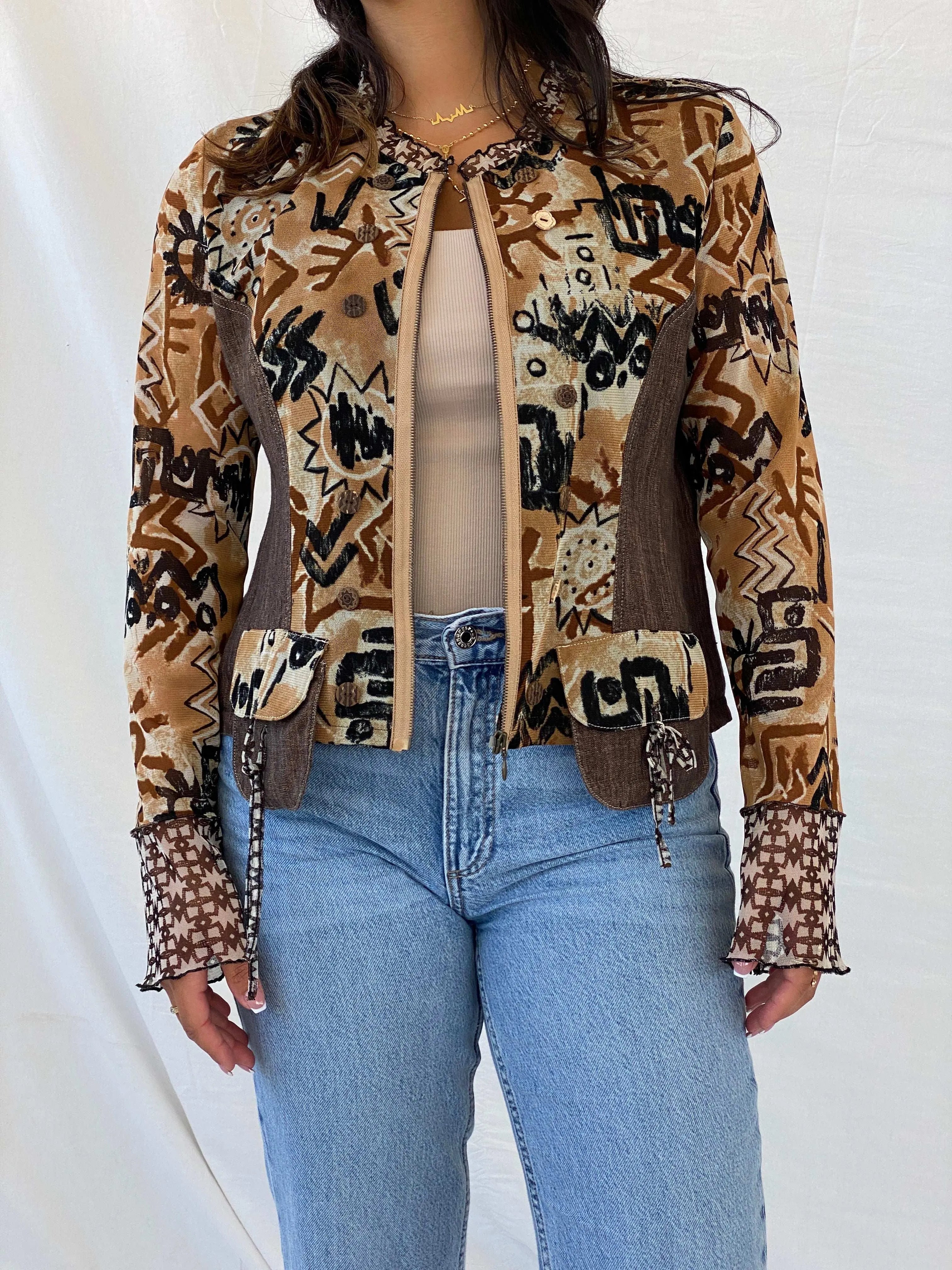 90s Pause Café Brown Boho Print Semi Mesh Zip Up Cardigan - XL - Balagan Vintage Cardigan 90s, Boho, cardigan, Deals, Lana, mesh, mesh top