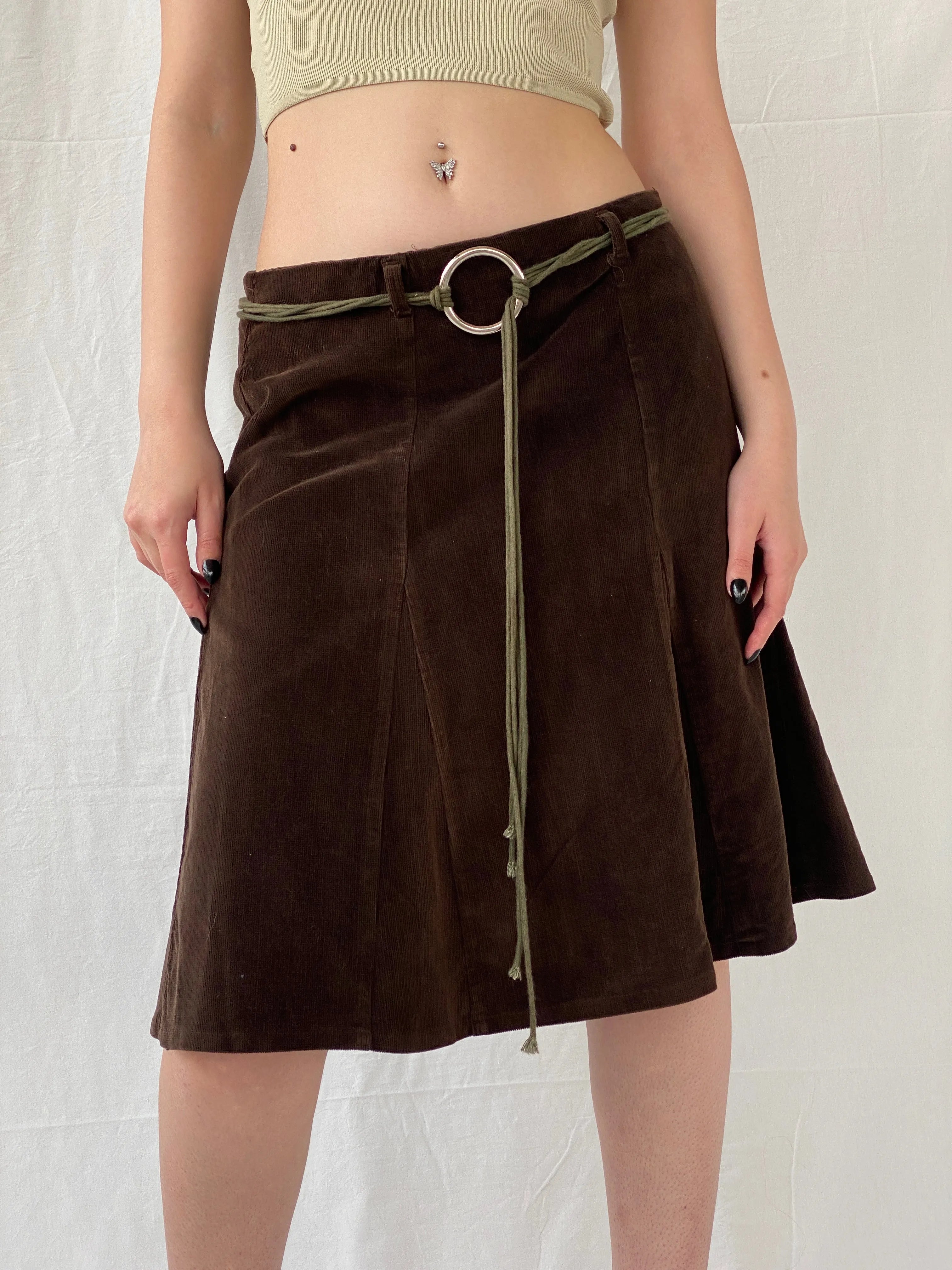 90s Pescara Brown Corduroy Midi Skirt with Rope Tie Belt - M - Balagan Vintage Midi Skirt Ayah, midi skirt, skirt, women skirt