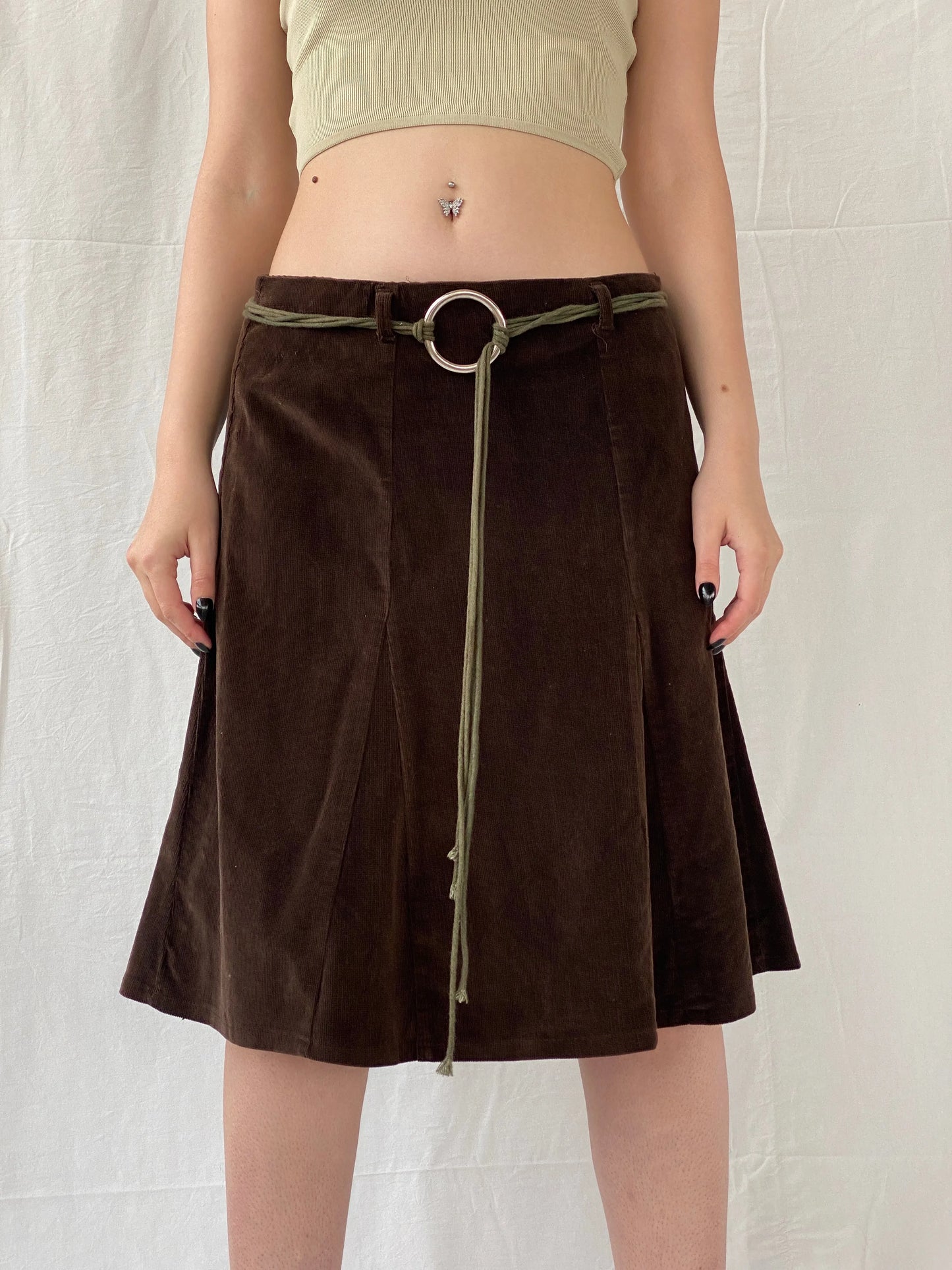 90s Pescara Brown Corduroy Midi Skirt with Rope Tie Belt - M - Balagan Vintage Midi Skirt Ayah, midi skirt, skirt, women skirt