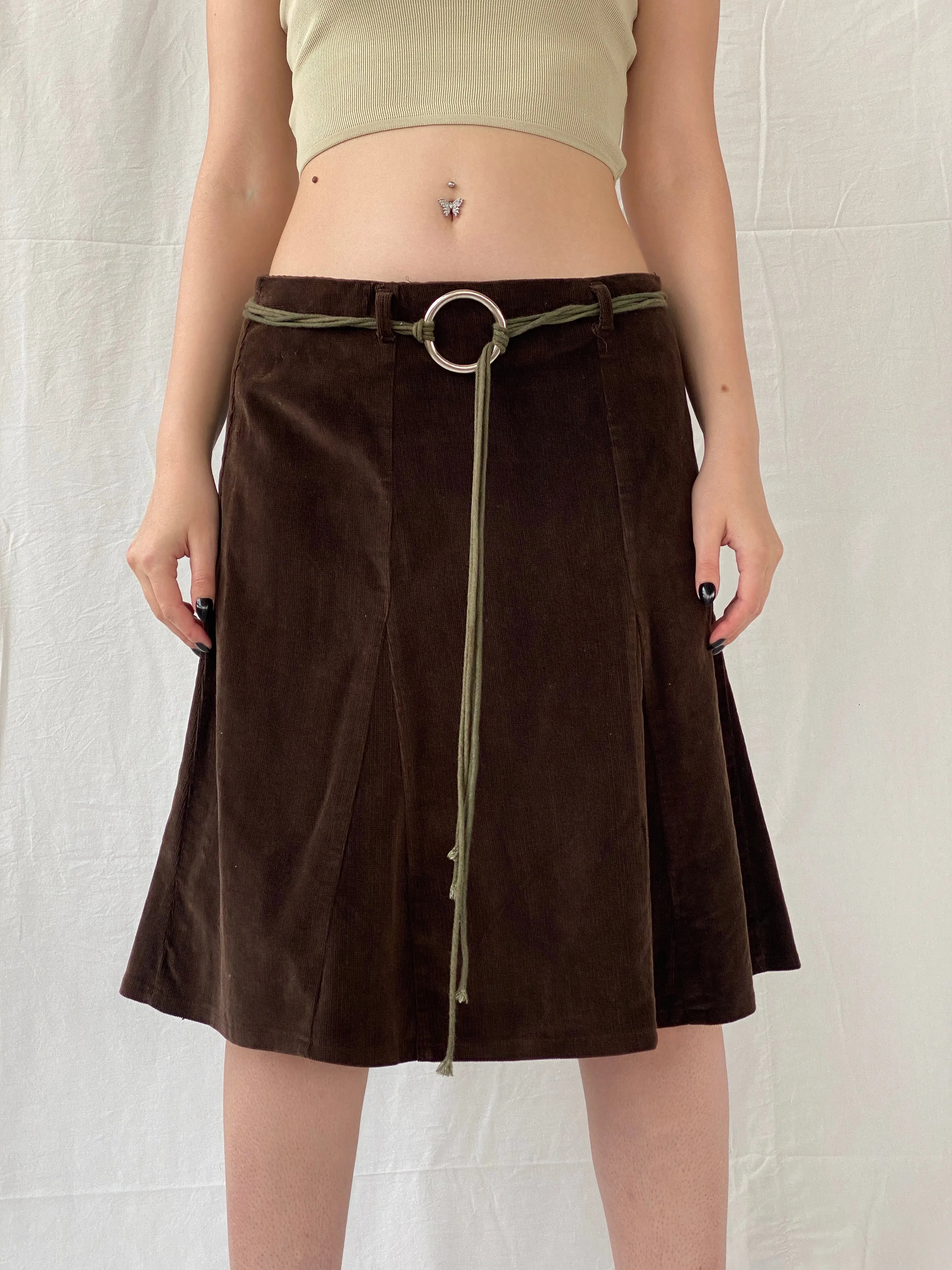 90s Pescara Brown Corduroy Midi Skirt with Rope Tie Belt - M - Balagan Vintage Midi Skirt Ayah, midi skirt, skirt, women skirt