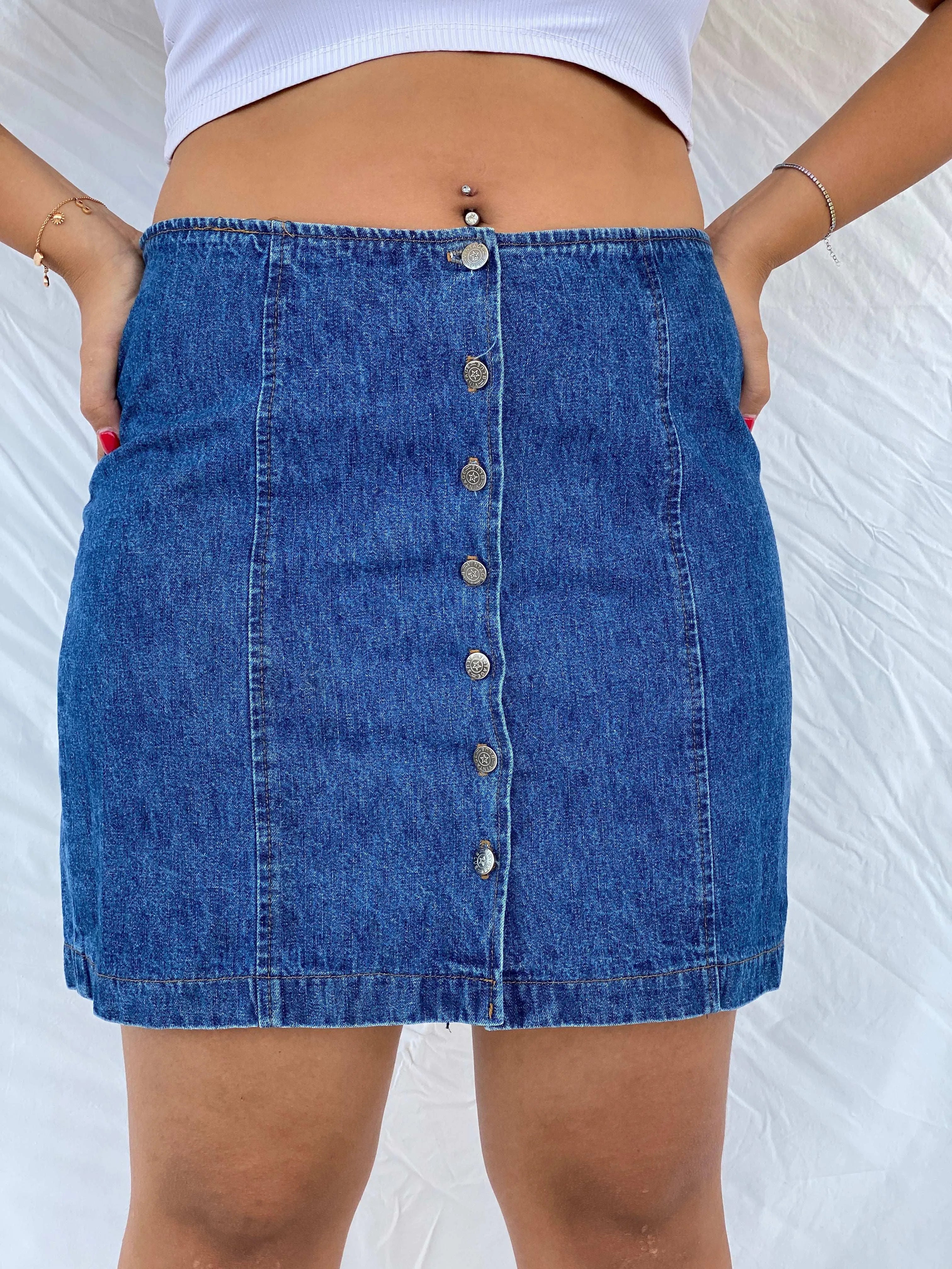 90s Vintage Blue Button Up Denim Skirt - L - Balagan Vintage Mini Skirt 00s, 90s, denim, denim skirt, Dina