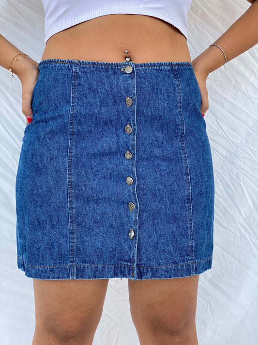 90s Vintage Blue Button Up Denim Skirt - L - Balagan Vintage Mini Skirt 00s, 90s, denim, denim skirt, Dina