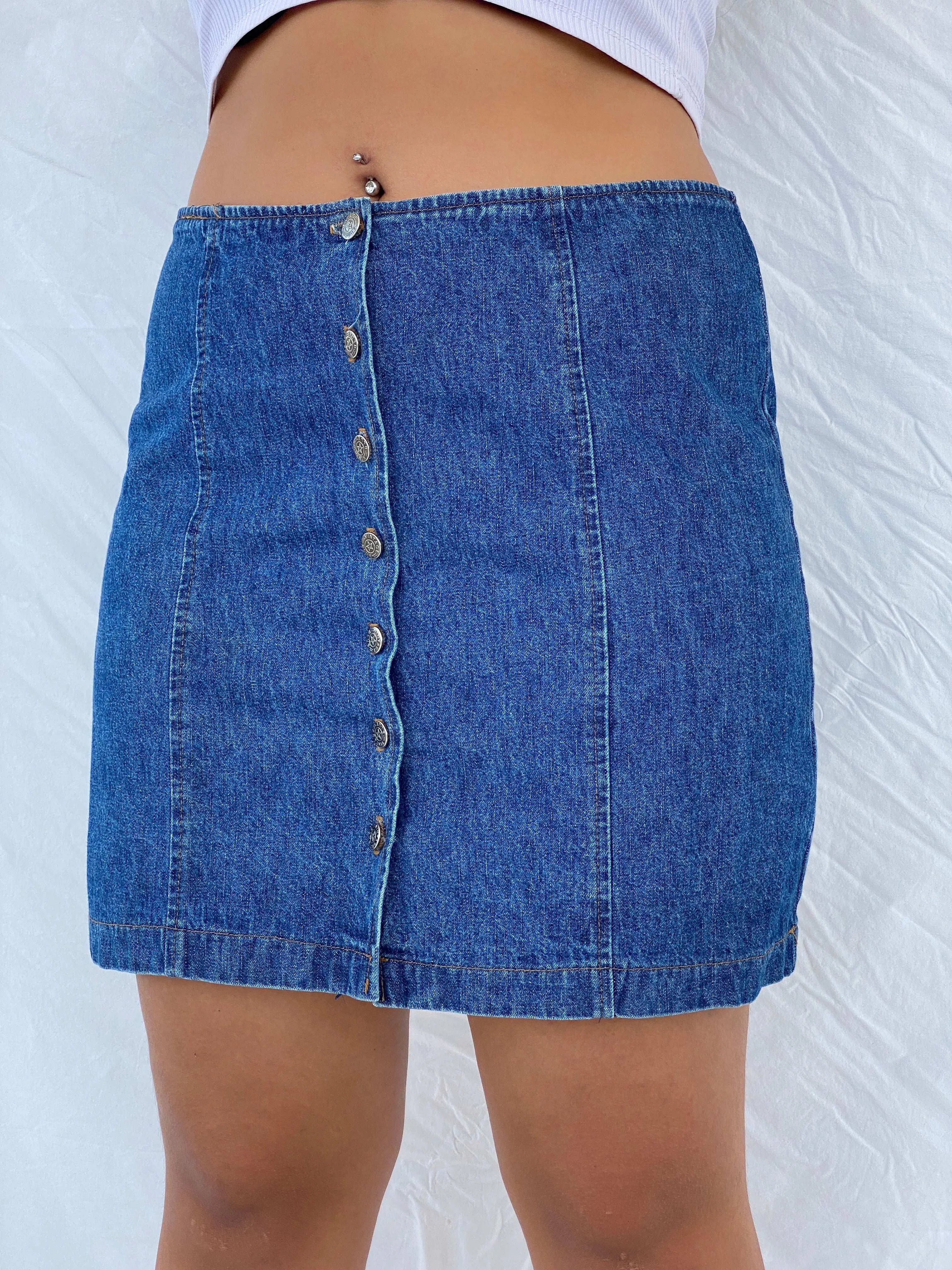 90s Vintage Blue Button Up Denim Skirt - L - Balagan Vintage Mini Skirt 00s, 90s, denim, denim skirt, Dina