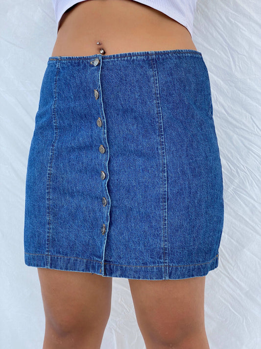 90s Vintage Blue Button Up Denim Skirt - L - Balagan Vintage Mini Skirt 00s, 90s, denim, denim skirt, Dina