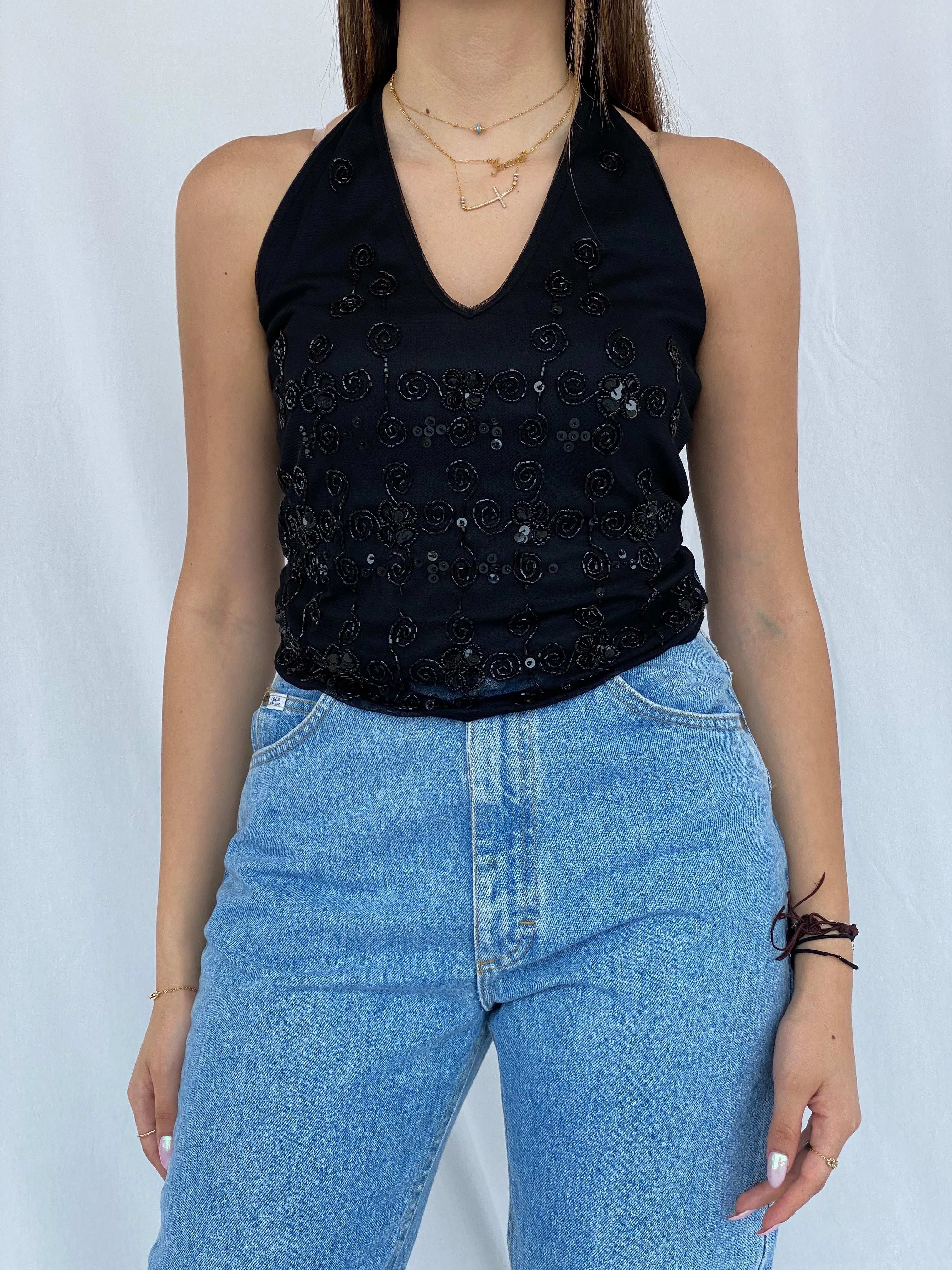90s/00s Ysatis Beaded Black Halter Top - Size S - Balagan Vintage Halter Top 90s, halter top, Juana, women top