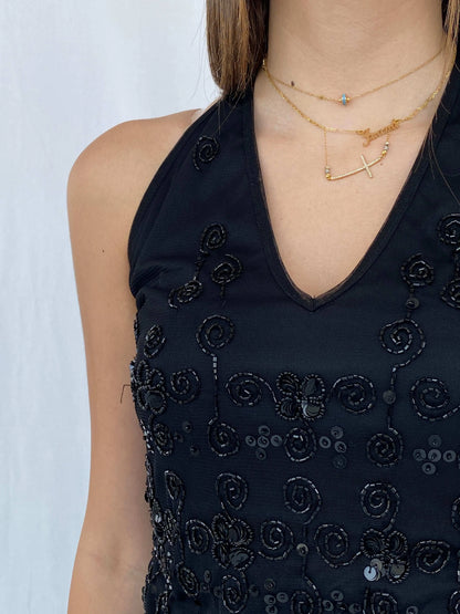 90s/00s Ysatis Beaded Black Halter Top - Size S - Balagan Vintage Halter Top 90s, halter top, Juana, women top