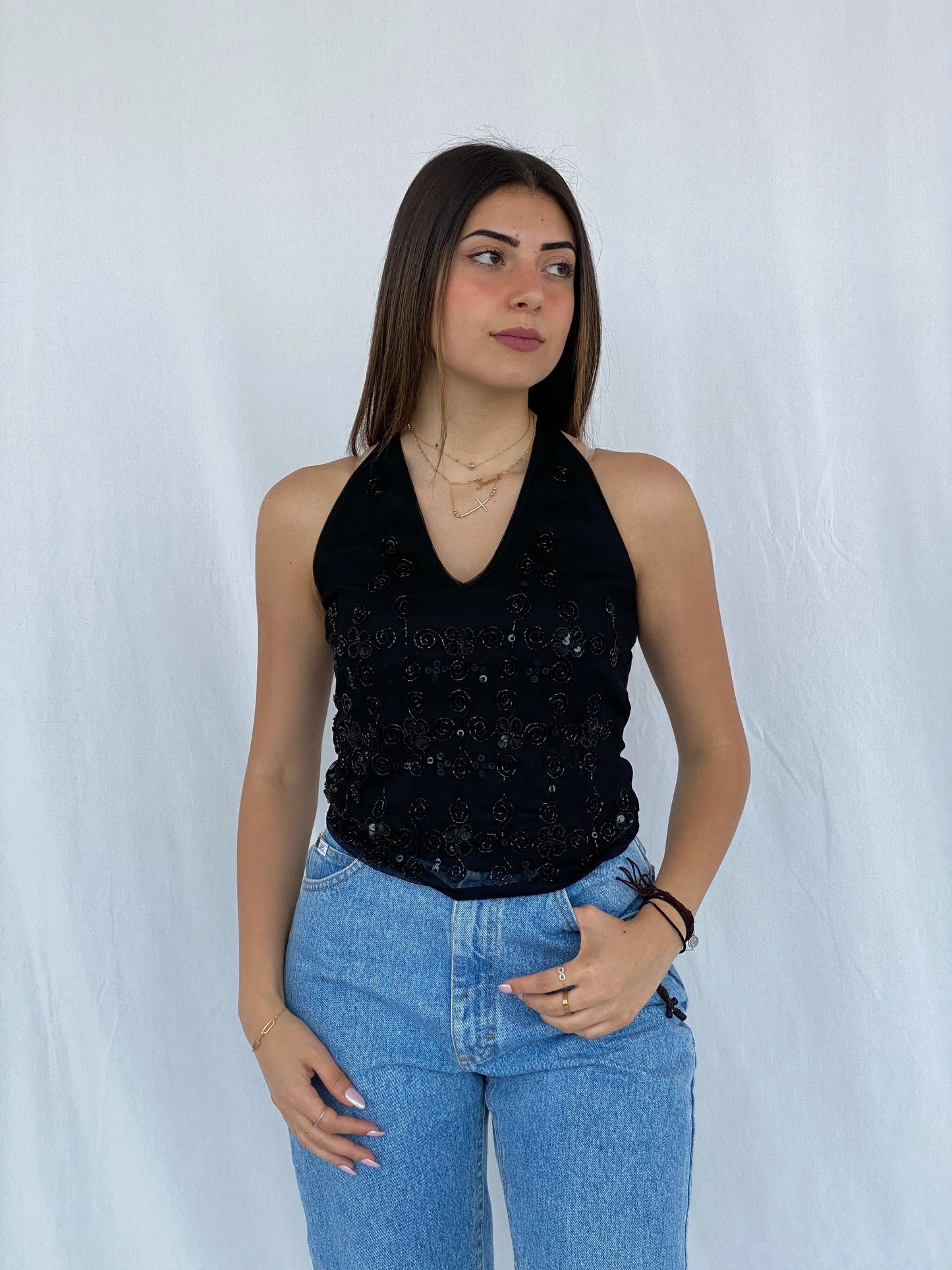 90s/00s Ysatis Beaded Black Halter Top - Size S - Balagan Vintage Halter Top 90s, halter top, Juana, women top
