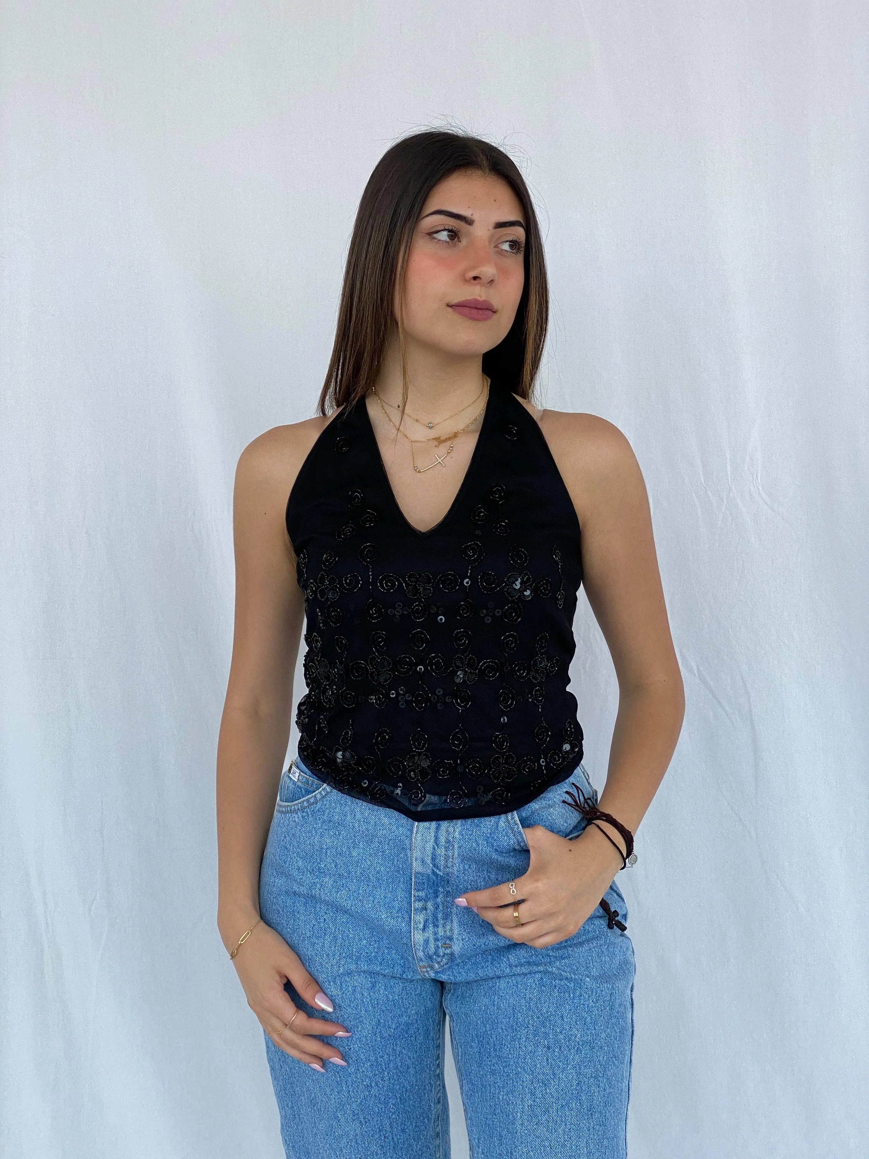 90s/00s Ysatis Beaded Black Halter Top - Size S - Balagan Vintage Halter Top 90s, halter top, Juana, women top