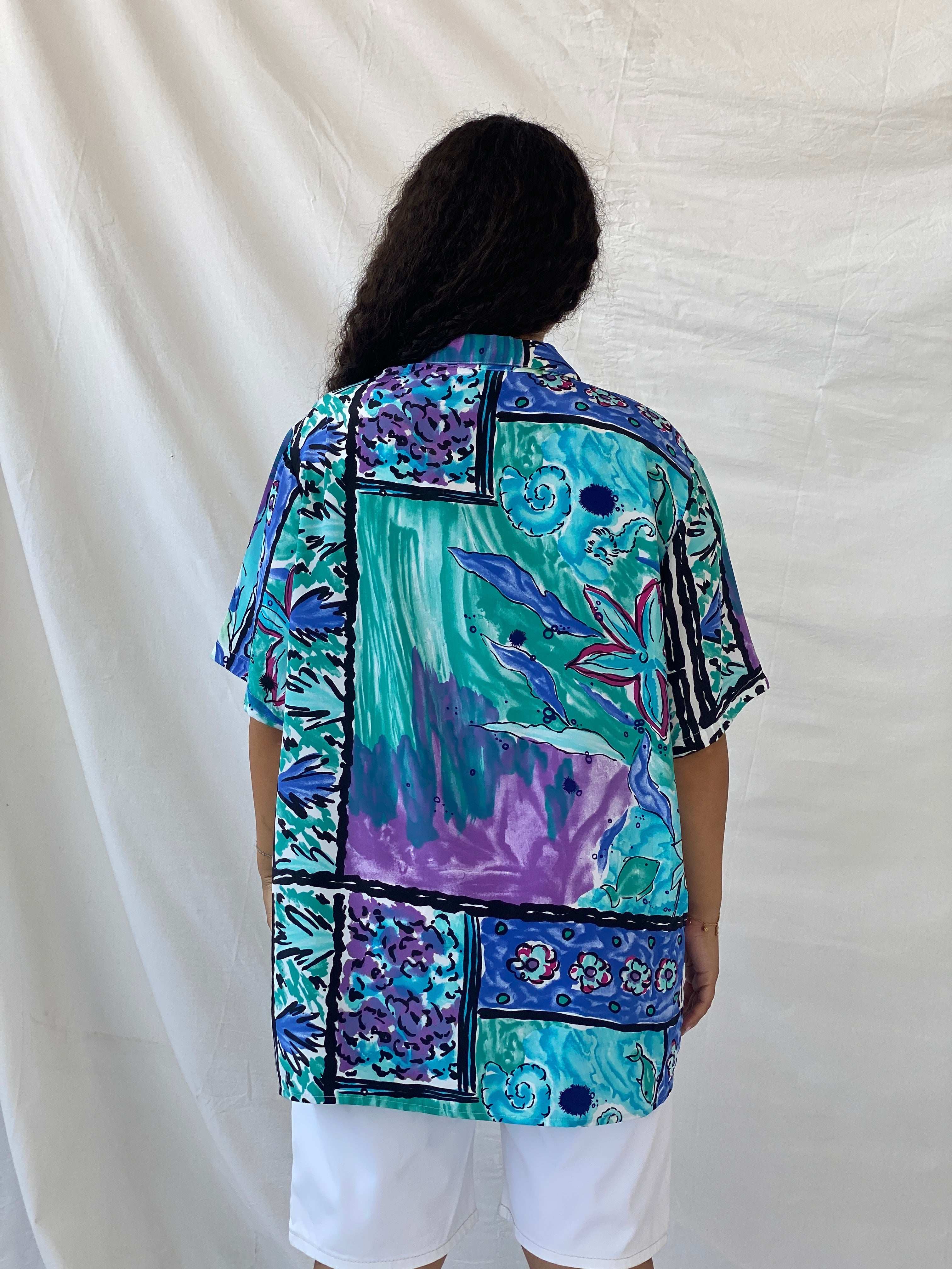 Statement Vintage Handmade Blue and Purple Floral Oversized Shirt - XL - Balagan Vintage Half Sleeve Shirt 00s, 90s, Dina, floral, floral shirt, half sleeve shirt, NEW IN, oversized, oversized shirt