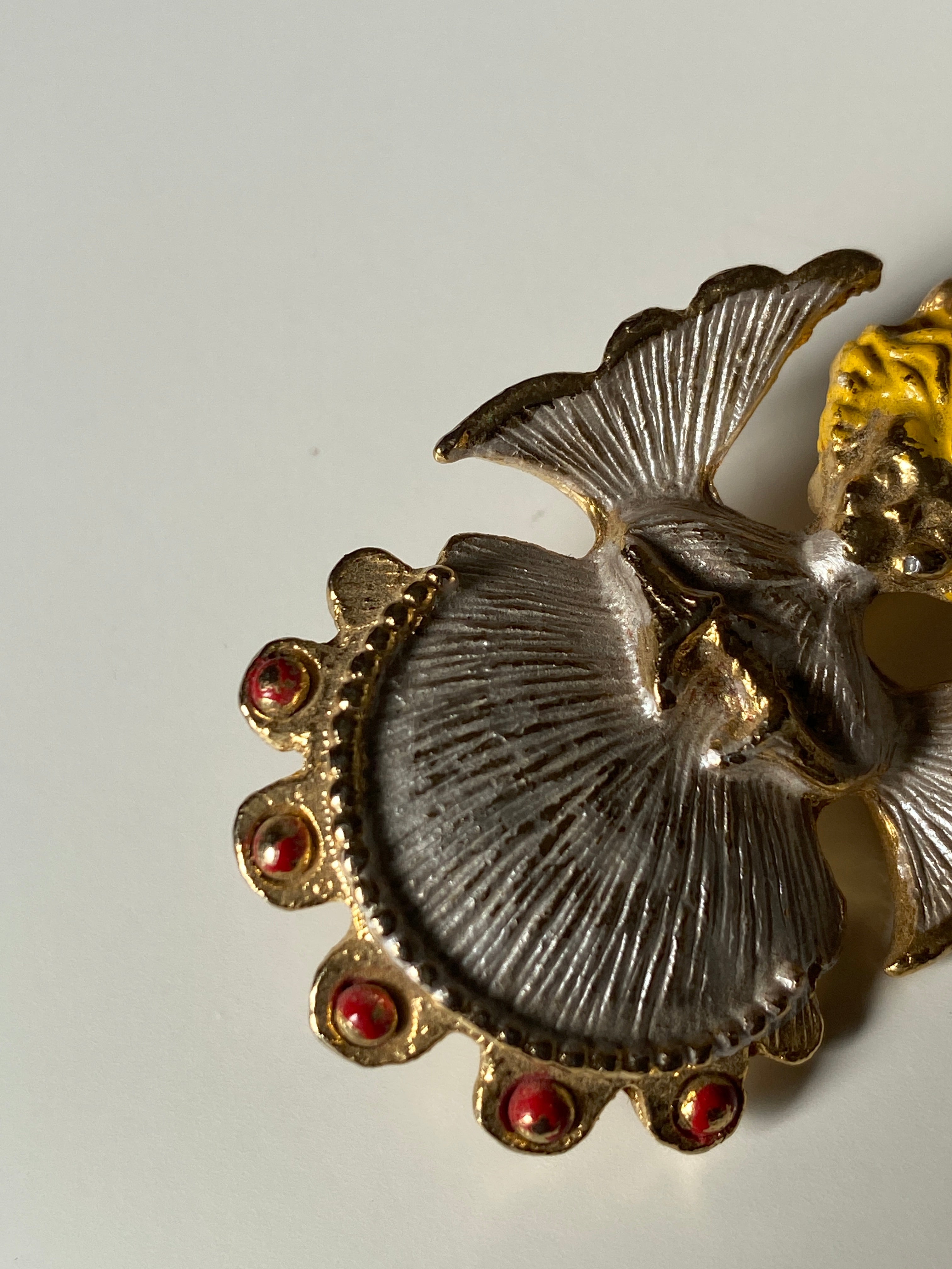 Vintage Gold-Tone Enamel Angel Brooch Red Rhinestone Retro Jewelry Pin