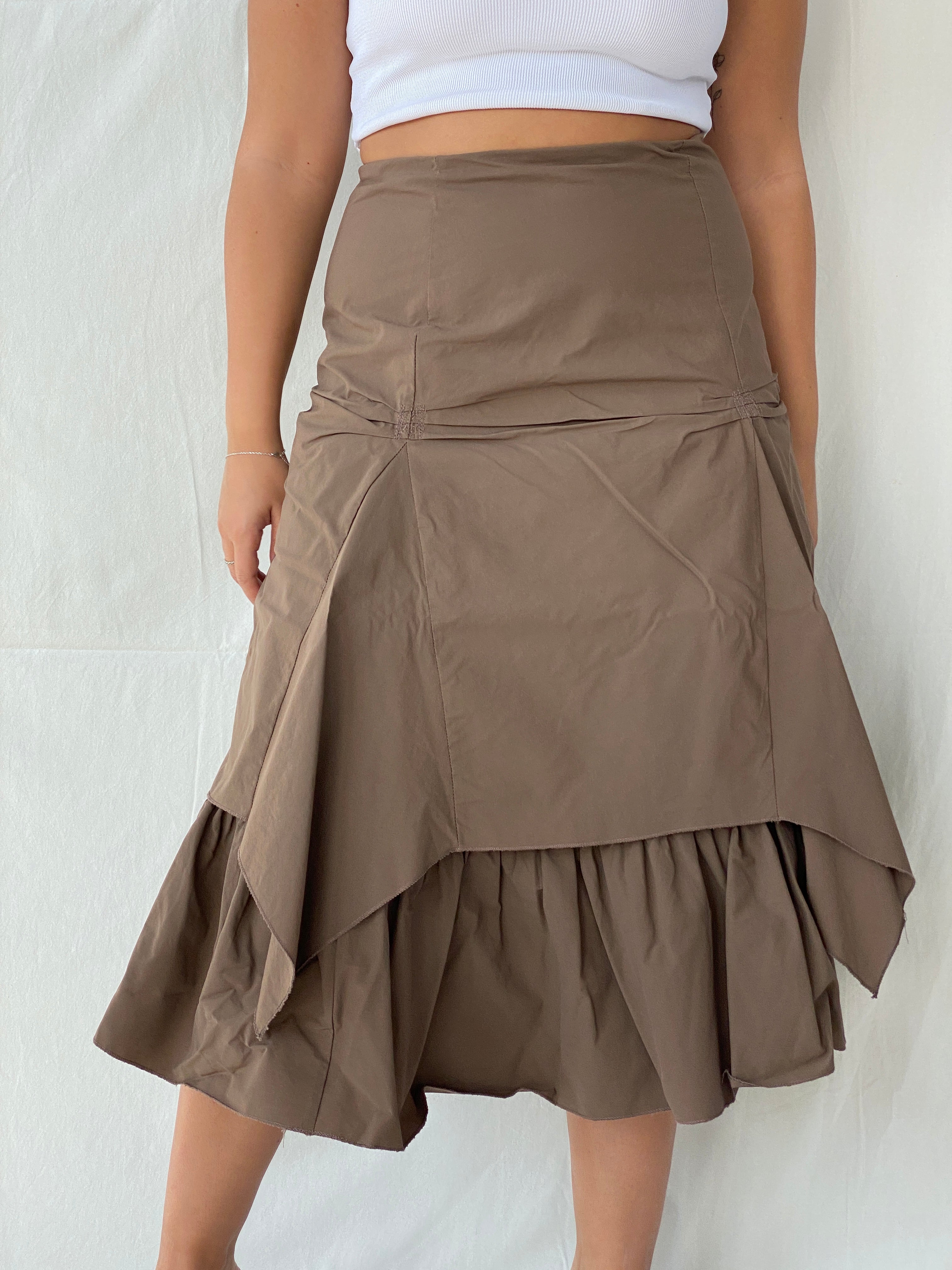 Joachim Bosse Style Asymmetric Ruched Midi Brown Skirt - L