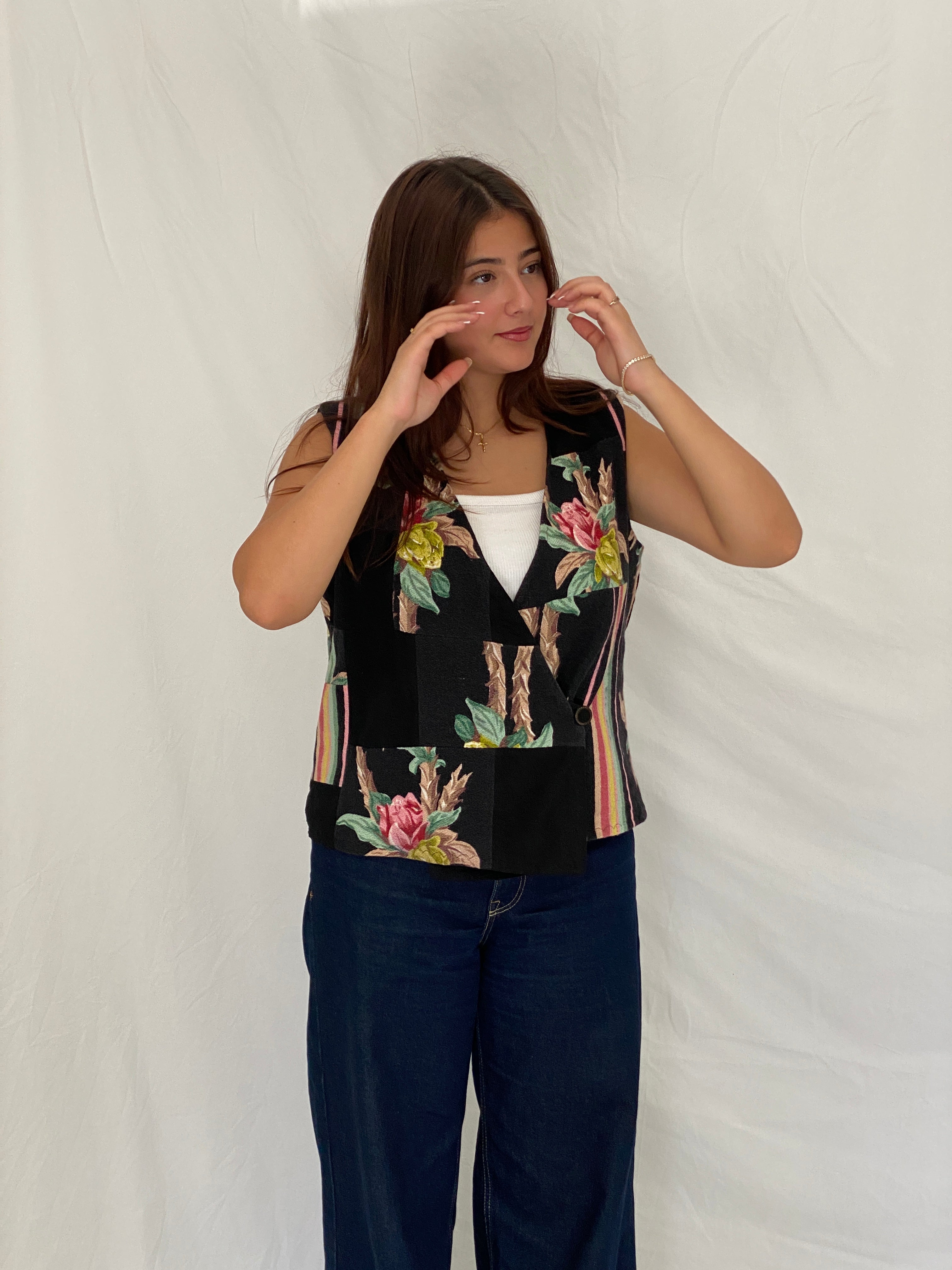 Vintage Black Patchwork Floral Vest Asymmetric Button Boho Waistcoat – L