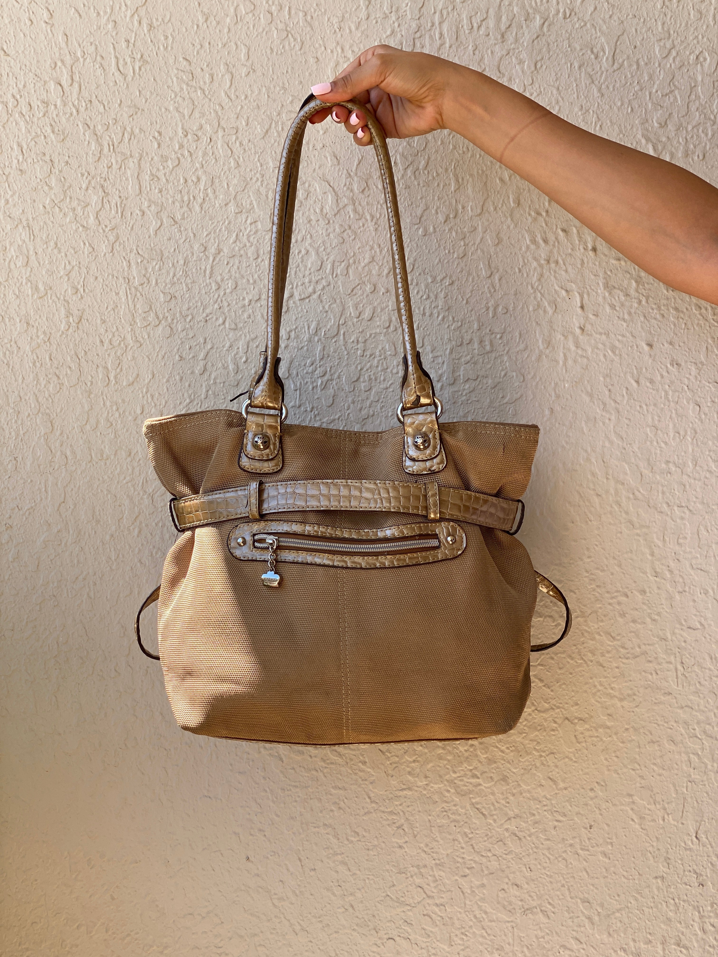 Vintage Y2K Kathy Van Zeeland Tan Canvas & Faux Croc Shoulder Tote Bag