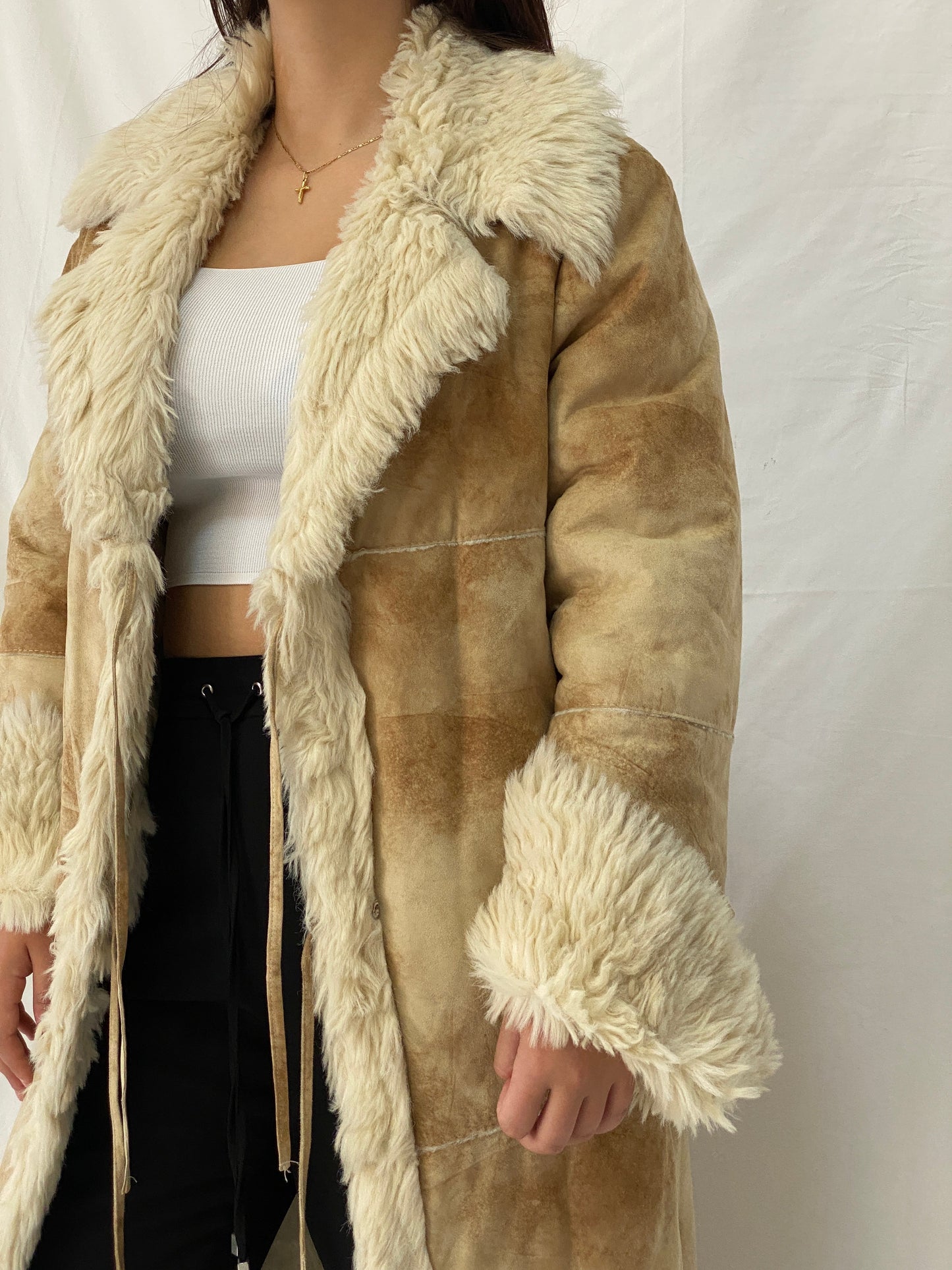 FREEHORN by Conbipel Faux Fur Lined Italian Genuine Leather Penny Lane Coat 70s Boho Jacket - XL