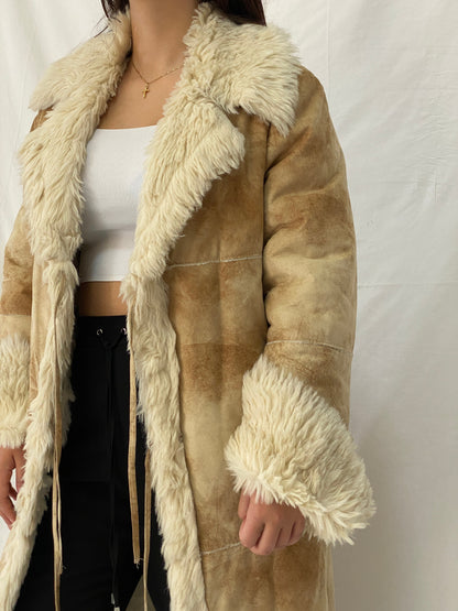 FREEHORN by Conbipel Faux Fur Lined Italian Genuine Leather Penny Lane Coat 70s Boho Jacket - XL