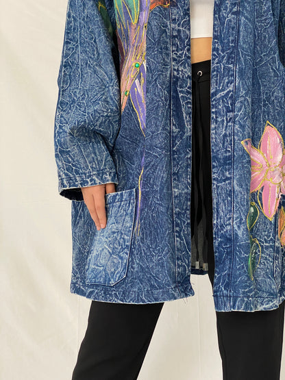 Vintage Christie California Hand Painted Denim Duster 80s Acid Wash Kimono Coat - 2XL