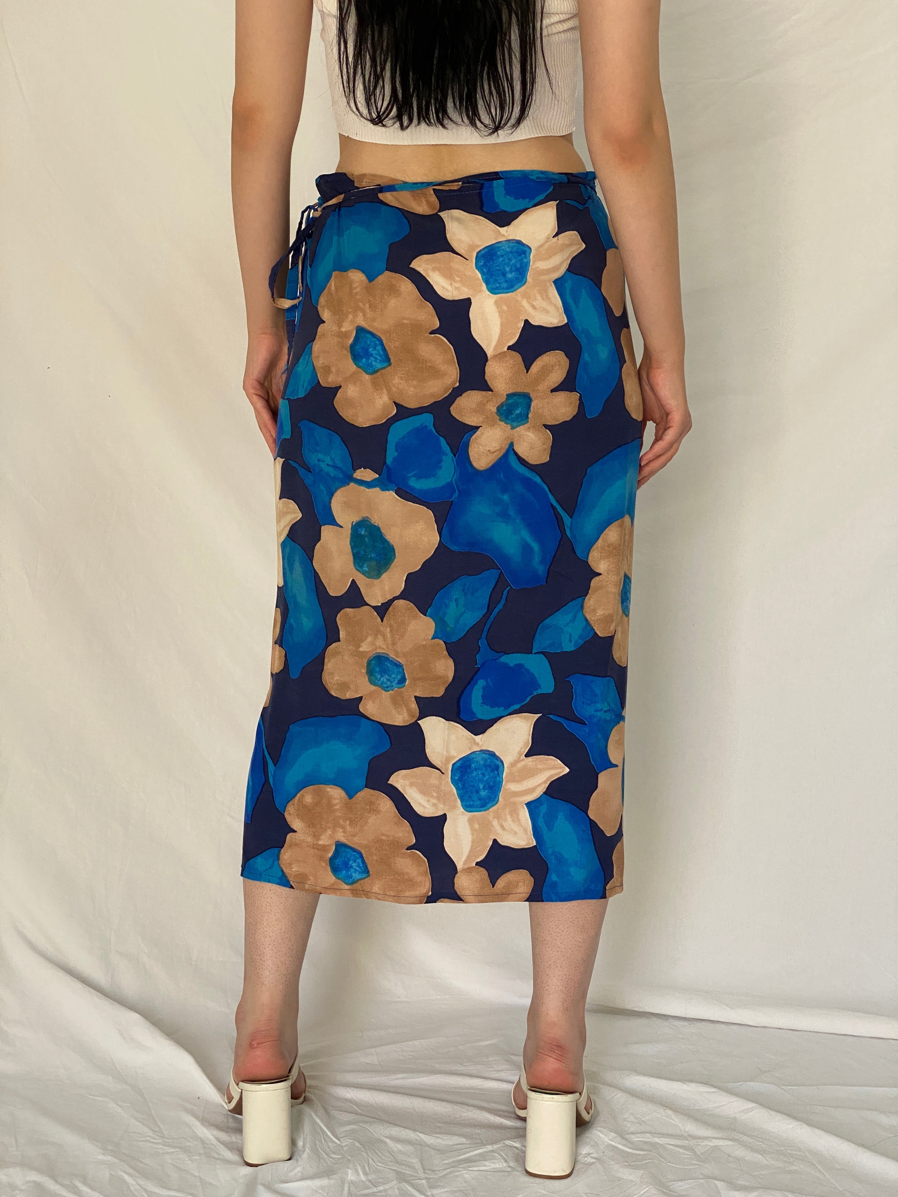 Vintage 1990s Blue & Tan Abstract Floral Wrap Midi Skirt - M