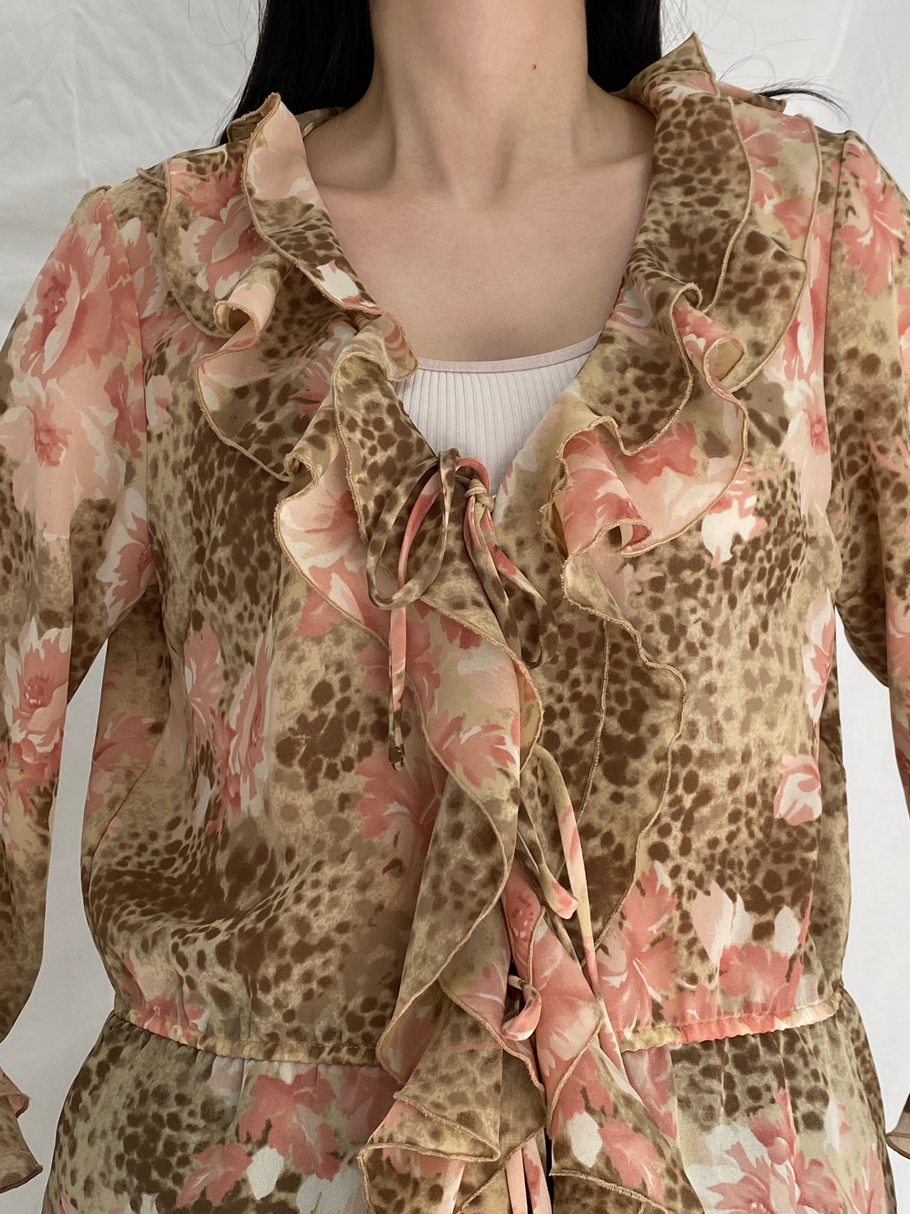 Vintage Y2K La Cara Mode Vögele Pink Brown Floral & Leopard Print Ruffle Front Tie Blouse - XL