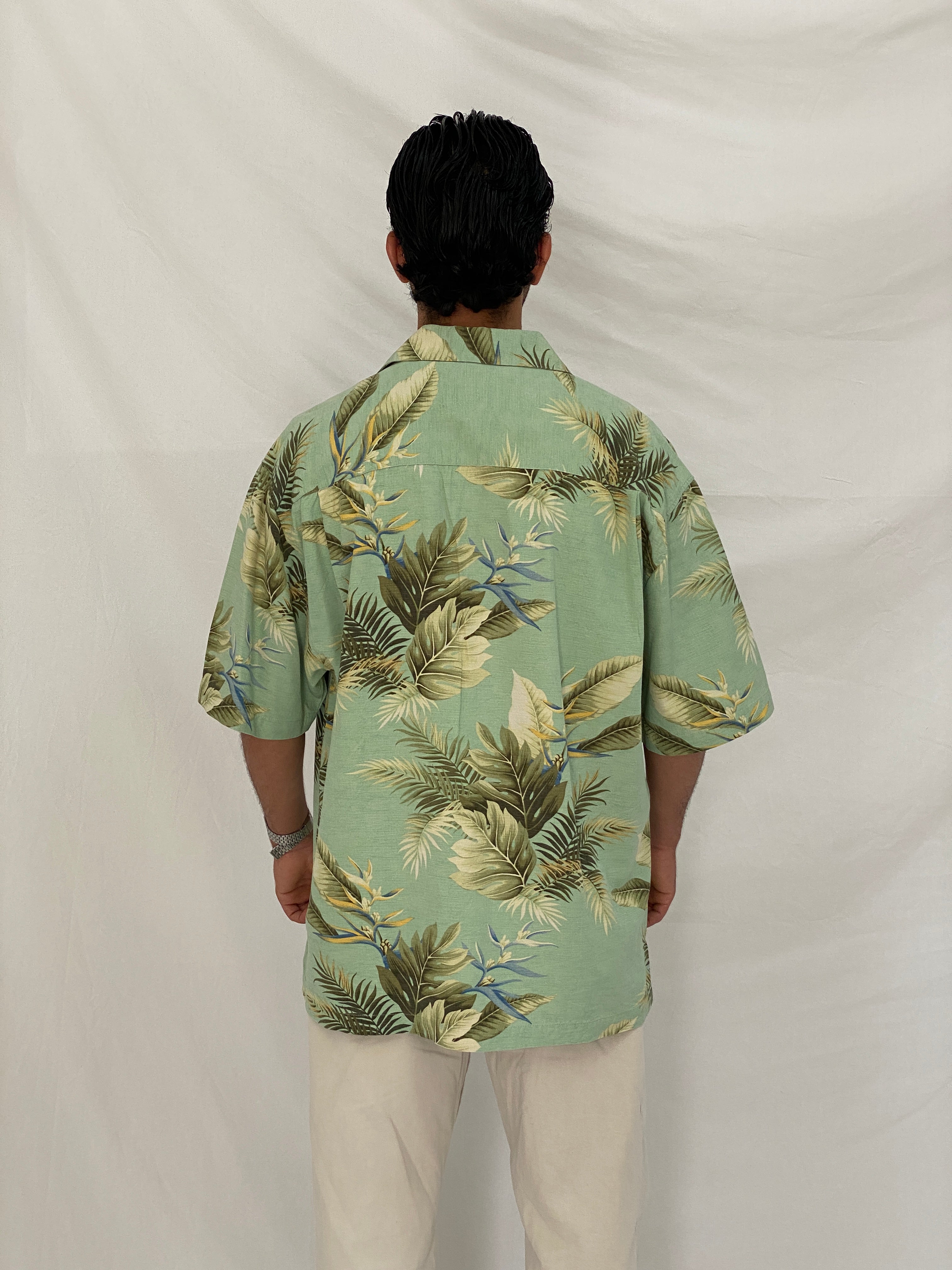 Vintage Jamaica Jaxx Tropical Leaf Silk Mint Green Hawaiian Shirt – XL