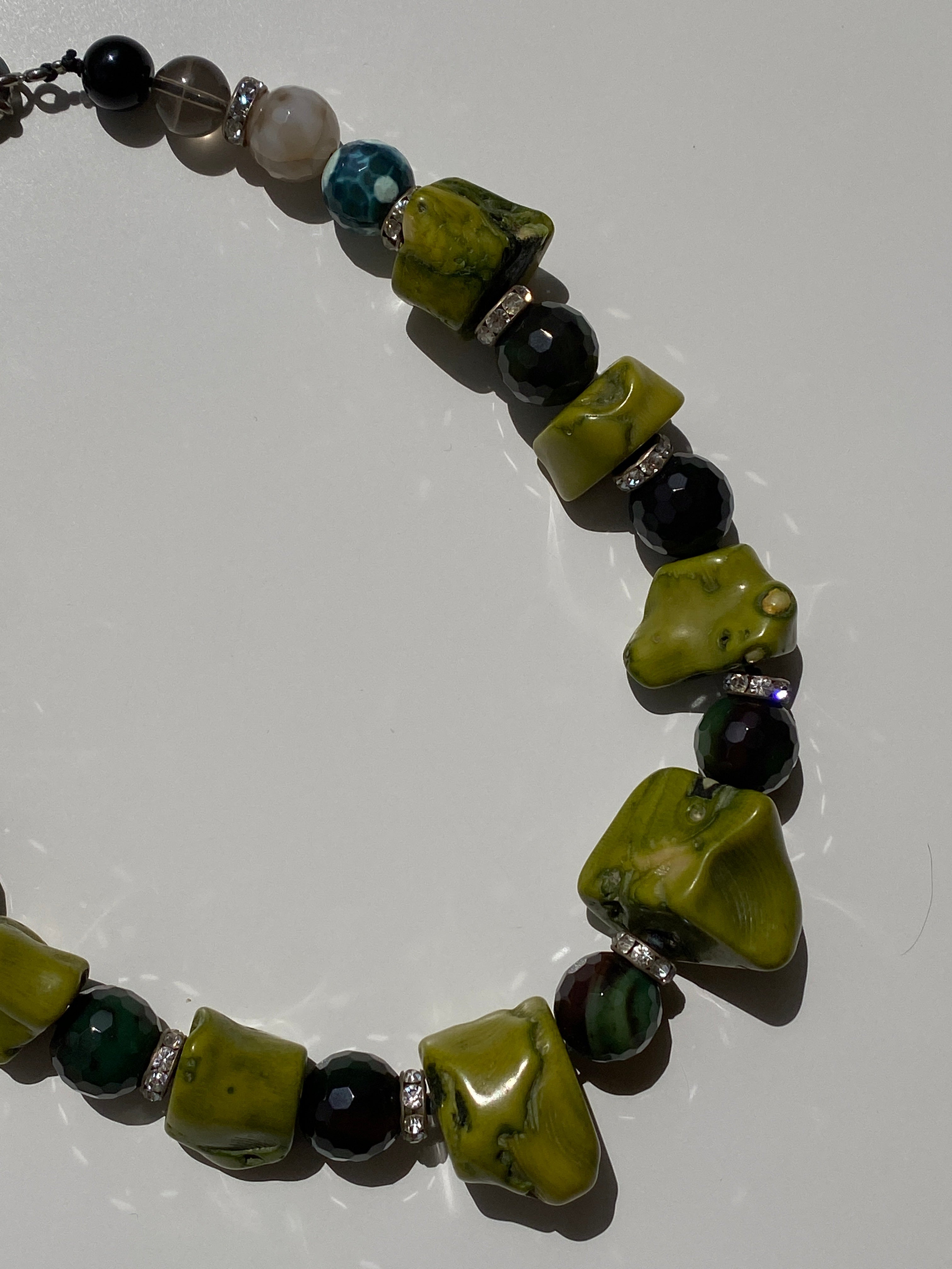 Vintage Natural Mixed Stone Statement Necklace Olive Jade, Onyx with Rhinestone Spacers