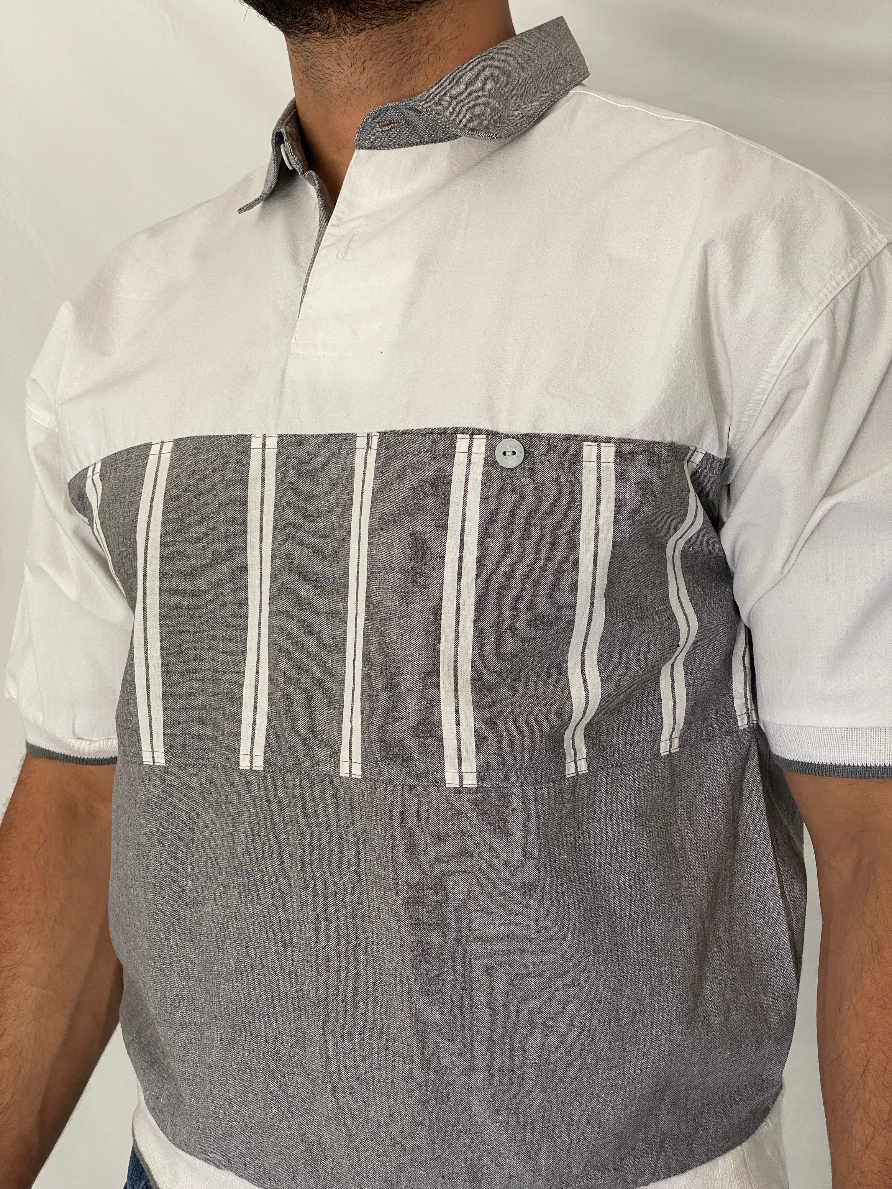 Vintage 90s Pierre Cardin Grey & White Color Block Polo Sweatshirt - M