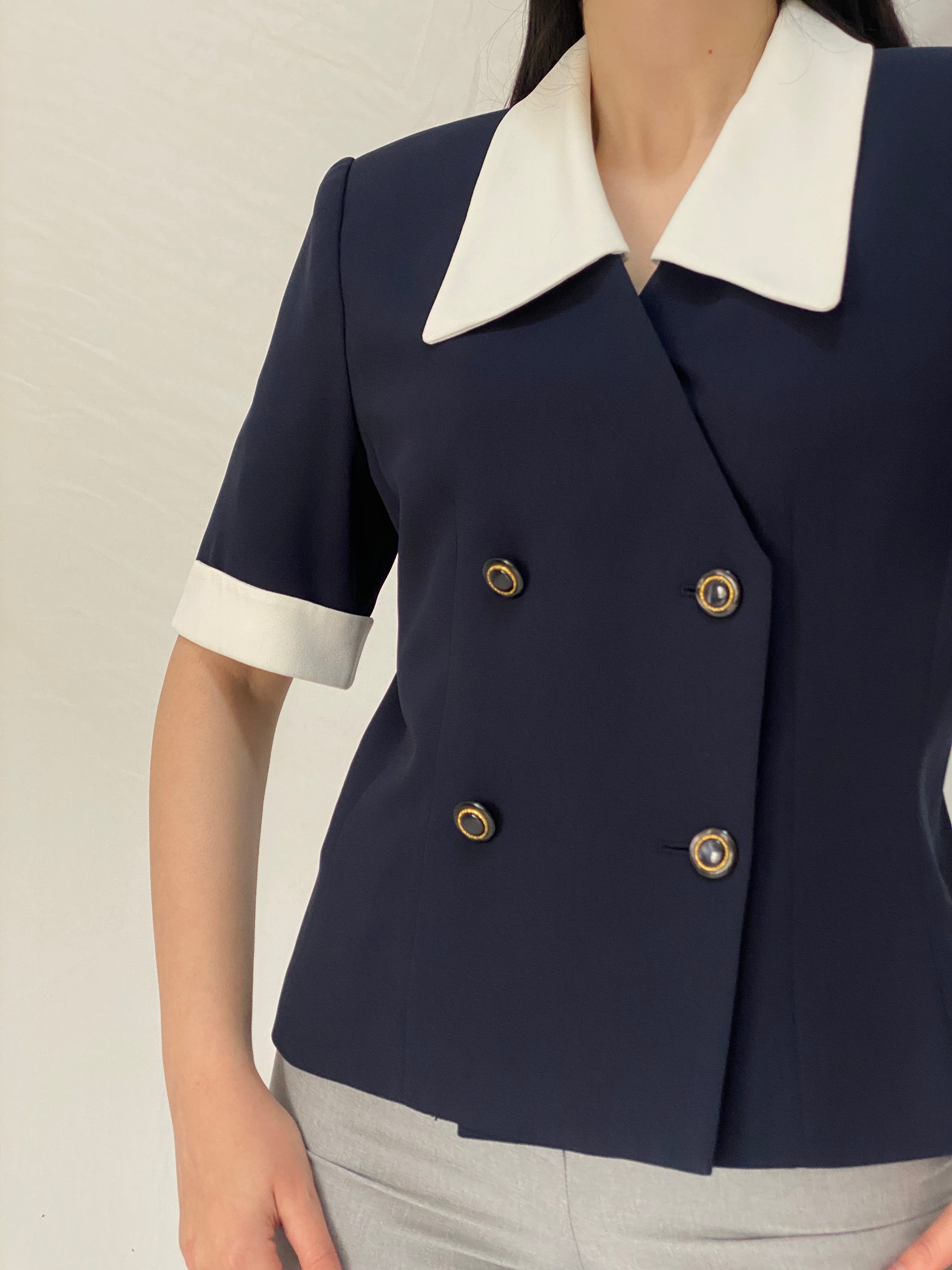 Vintage Kasper for ASL Navy White Tailored Short Sleeve Blazer - M