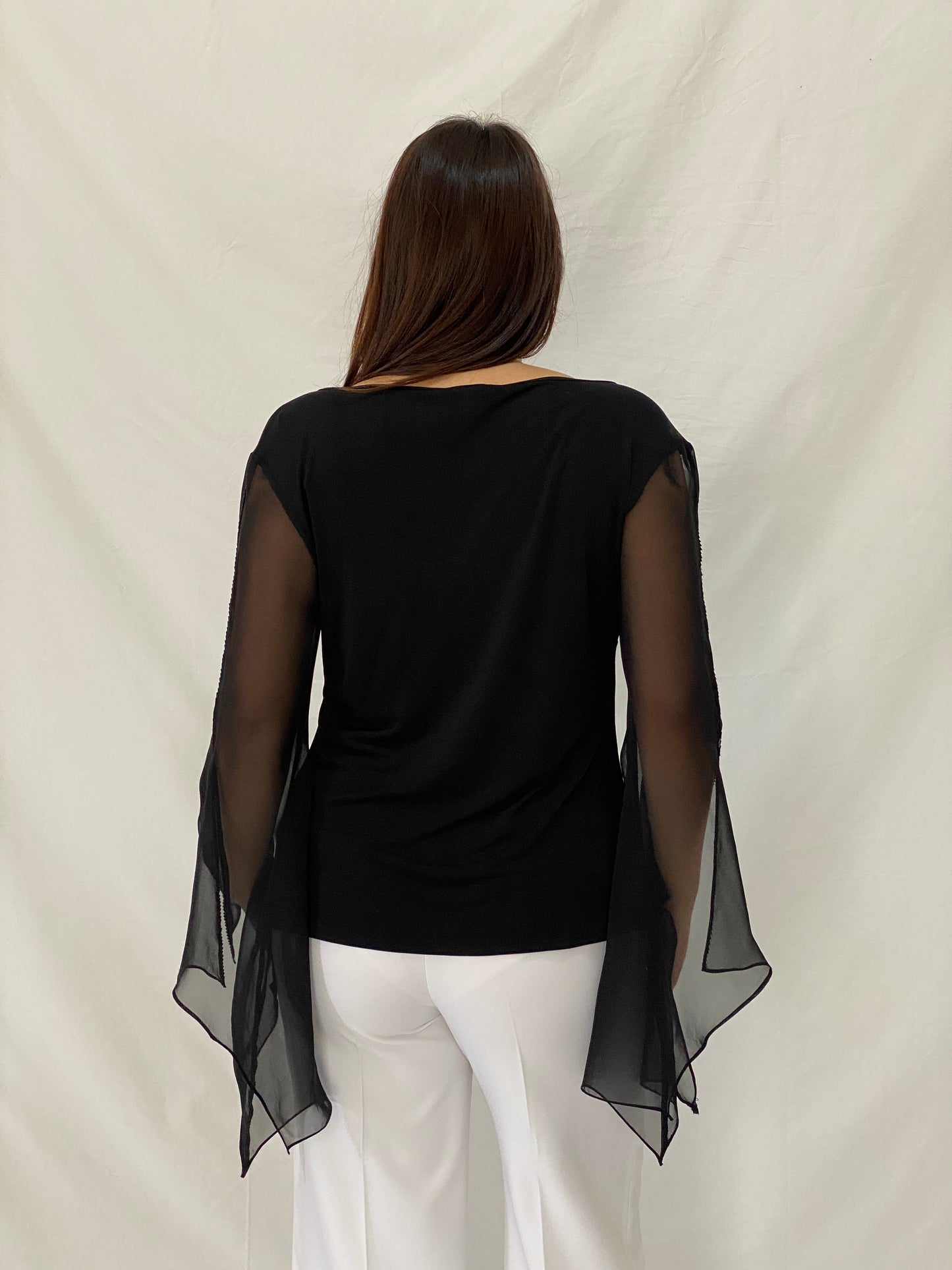 Vintage DORCA Black Sheer Beaded Bell Sleeve Top Blouse - L