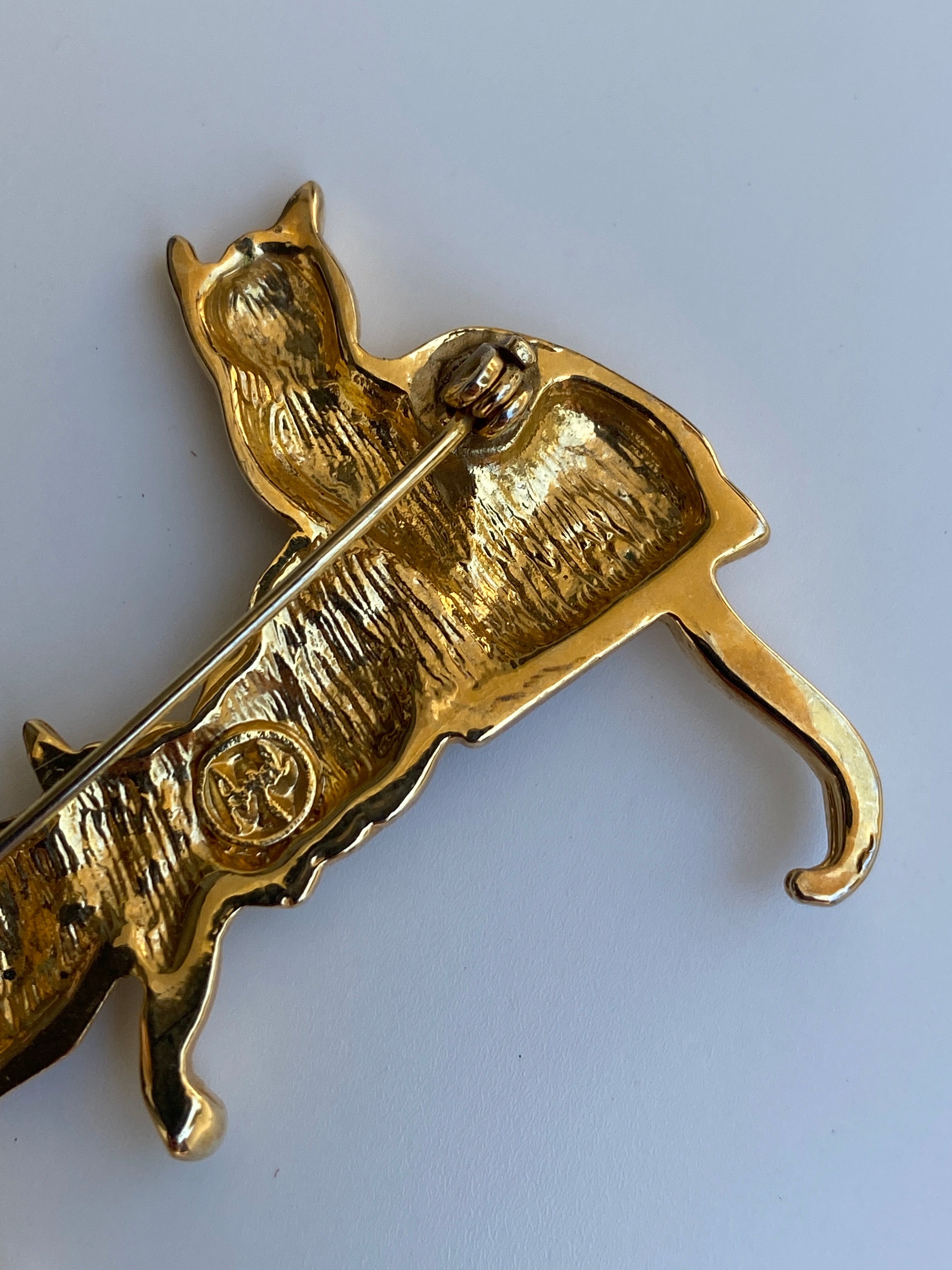 Vintage Gold Tone Cat Family Brooch Three Cats on Bench Statement Pin