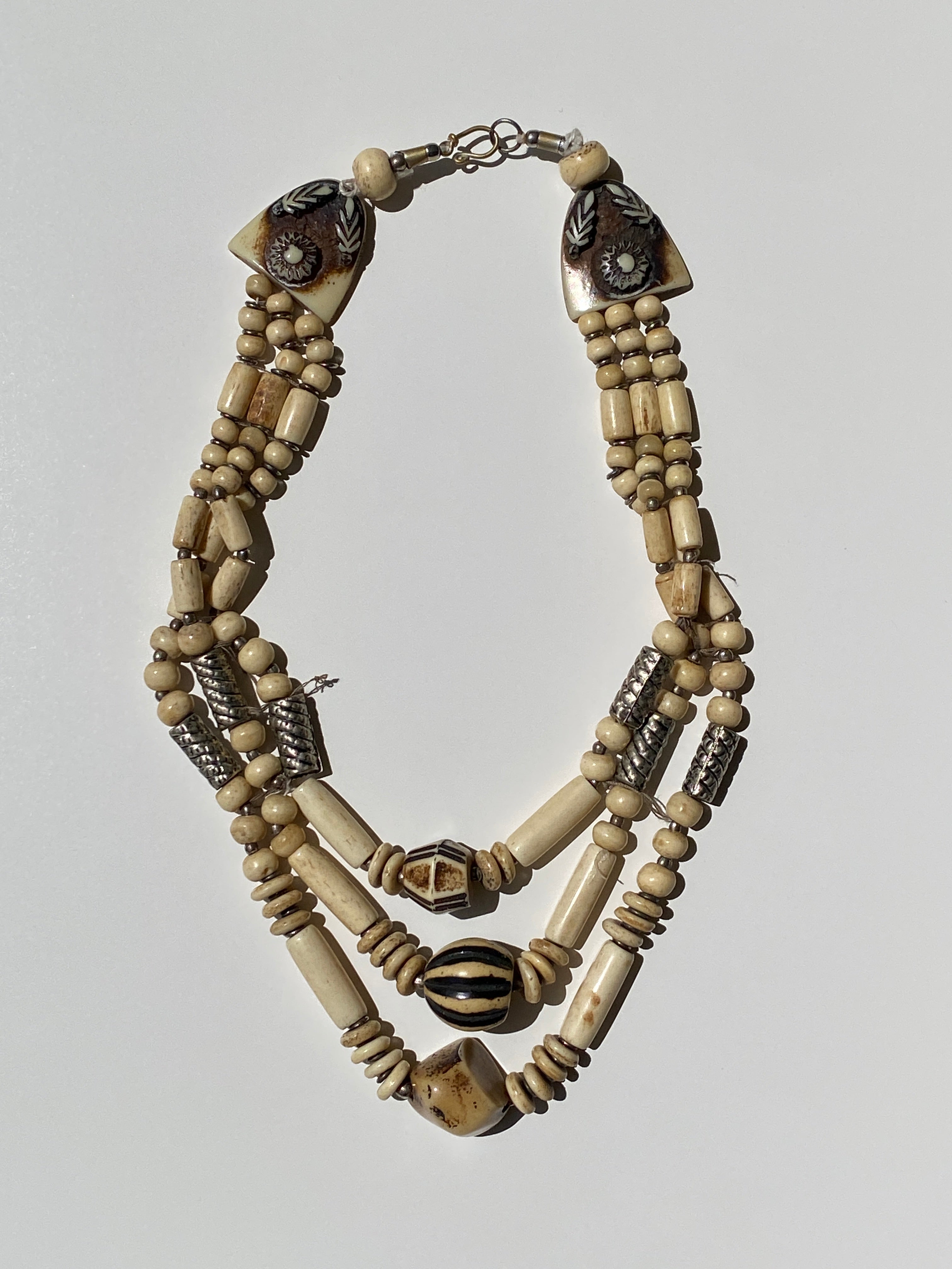 Vintage Tribal Bone & Black Stripe Bead Multi-Strand Artisan Necklace