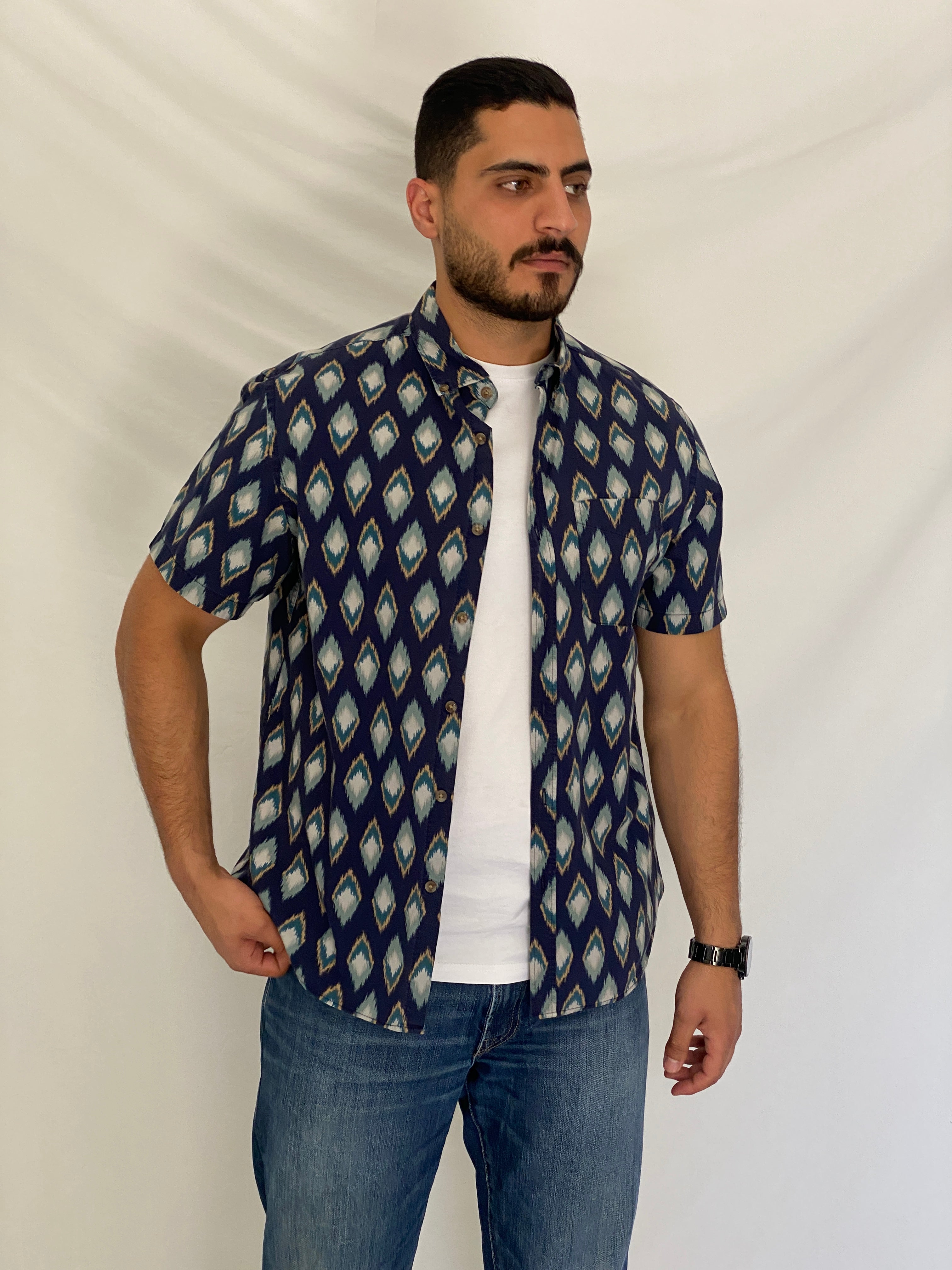 Vintage Y2K Old Navy Blue Ikat Print Button-Down Shirt - L