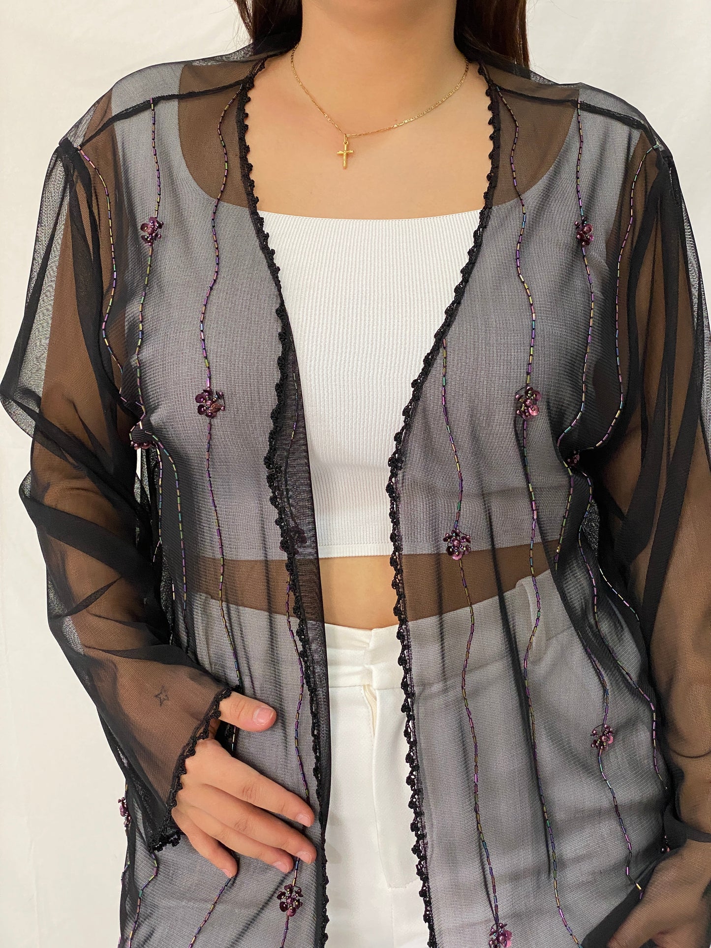 Vintage MISSION Black Sheer Beaded Cardigan Iridescent Sequin Trim Kimono - XL