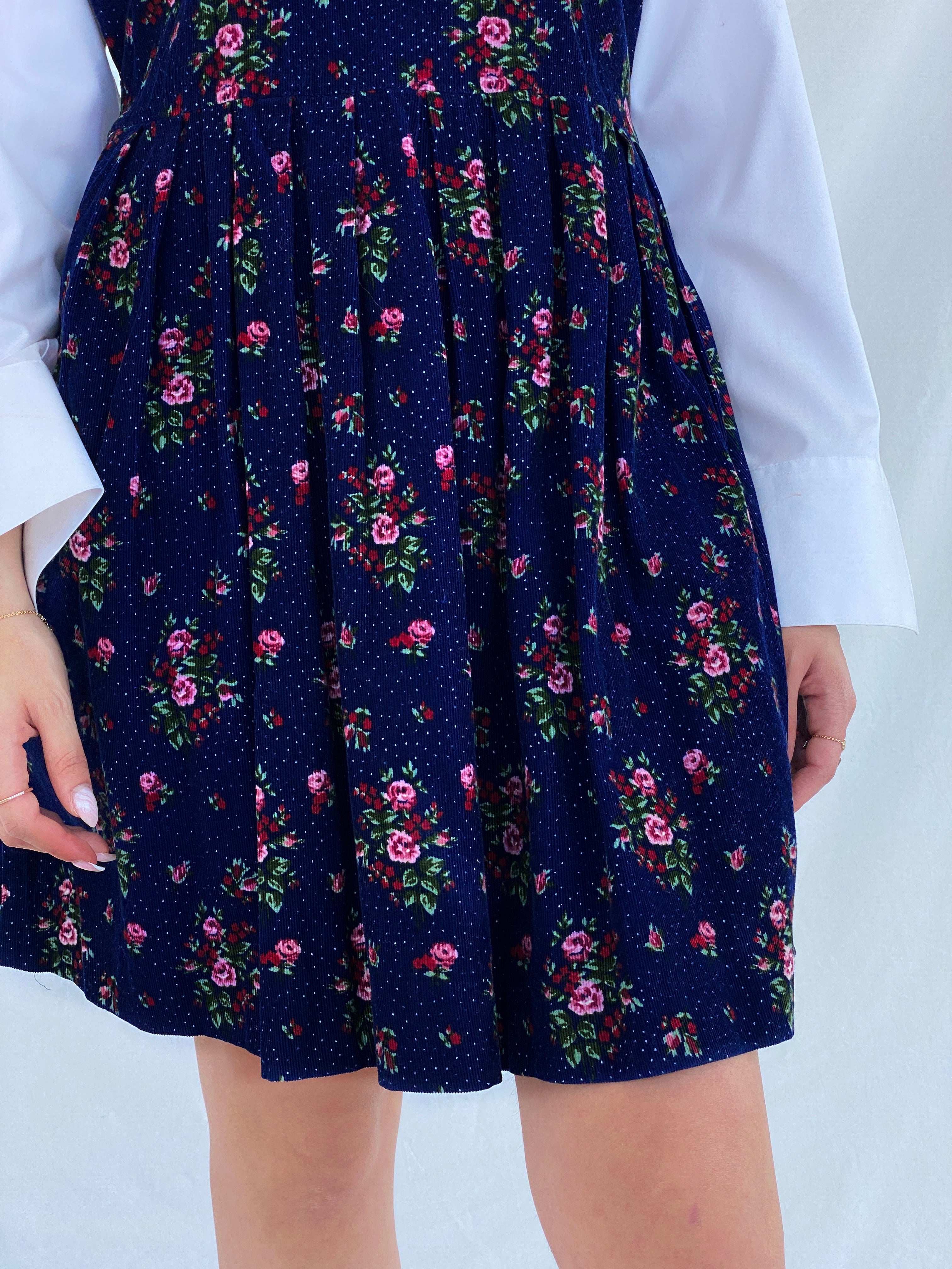 Vintage Pomponi Floral Navy Corduroy Dress Size L - Balagan Vintage Mini Dress 90s, corduroy, dress, floral, floral dress, floral print, Juana, maxi dress, NEW IN