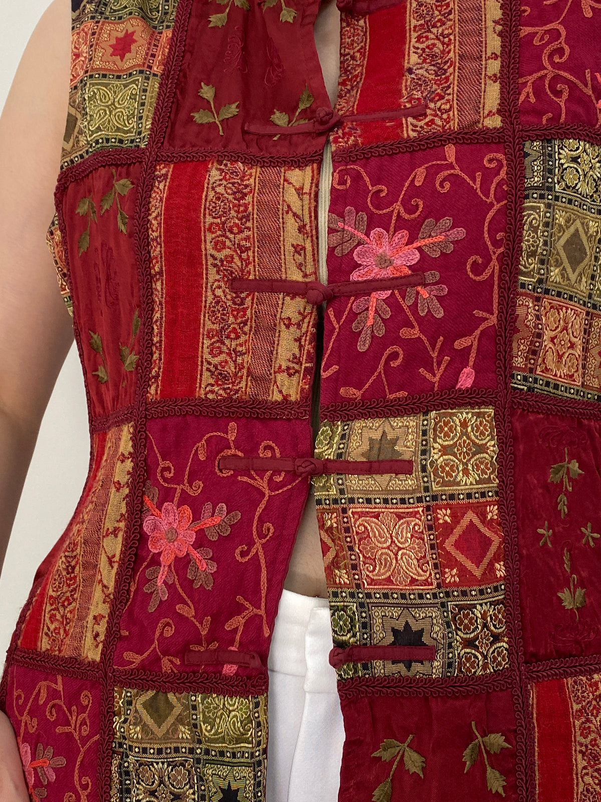 Vintage 90s Coldwater Creek Burgundy Patchwork Embroidered Vest - M