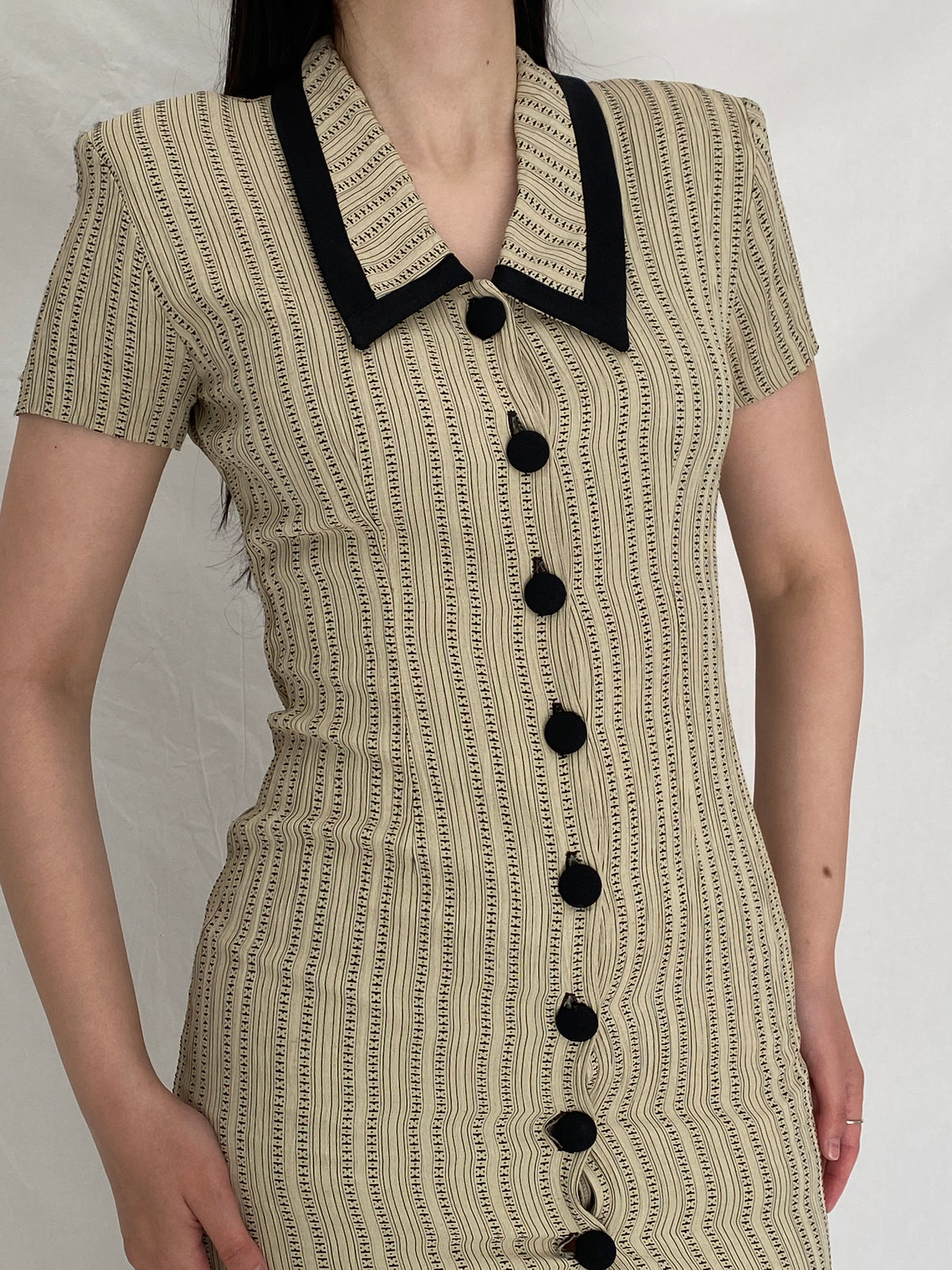 Vintage 90s Dawn Joy Fashions Beige Patterned Fitted Mini Dress - S Vintage 90s Dawn Joy Fashions Beige Patterned Fitted Mini Dress - S