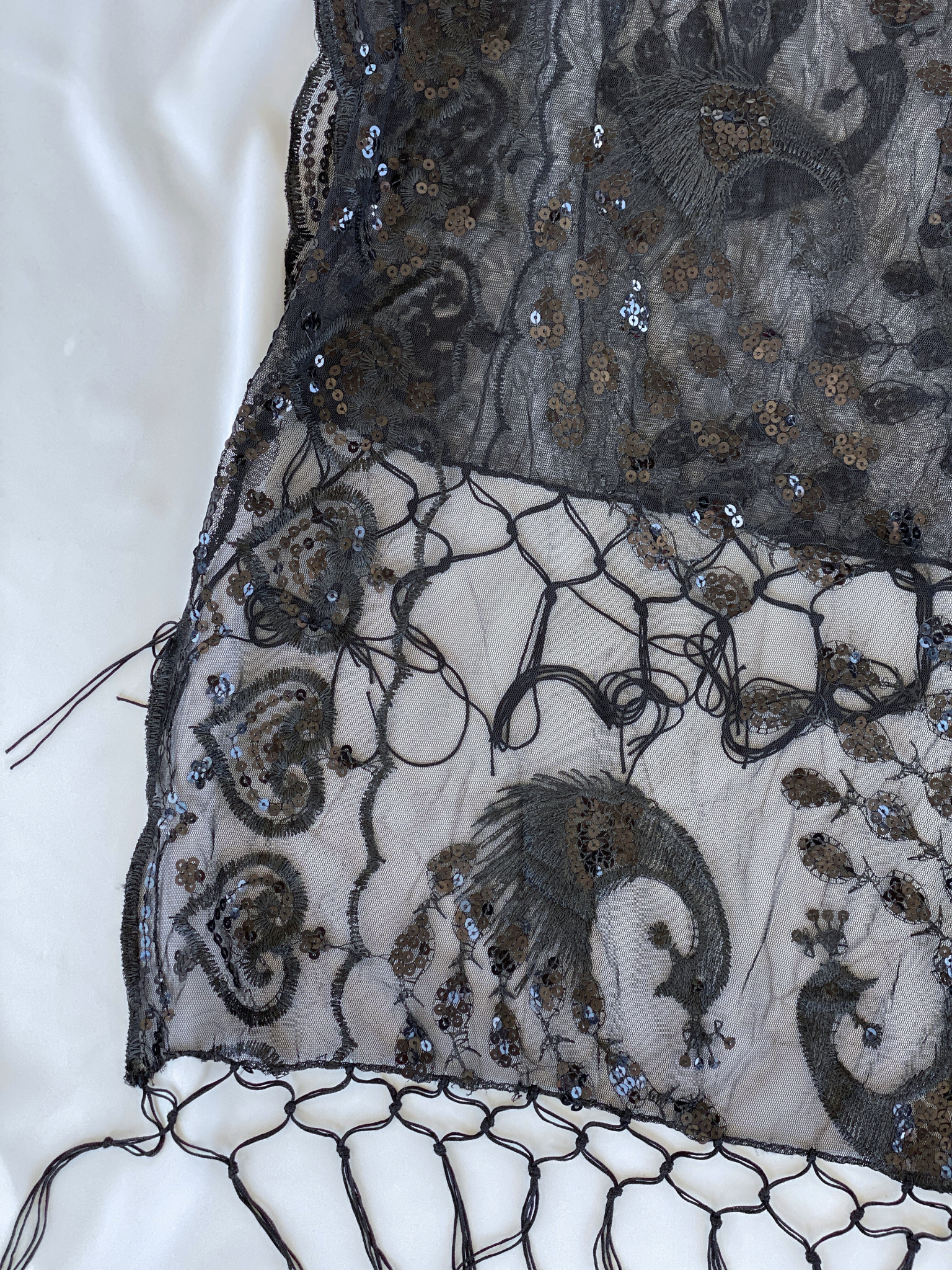 Black Sheer Polyester Scarf with Peacock Embroidery, Sequins & Fringe Evening Shawl / Dressy Wrap